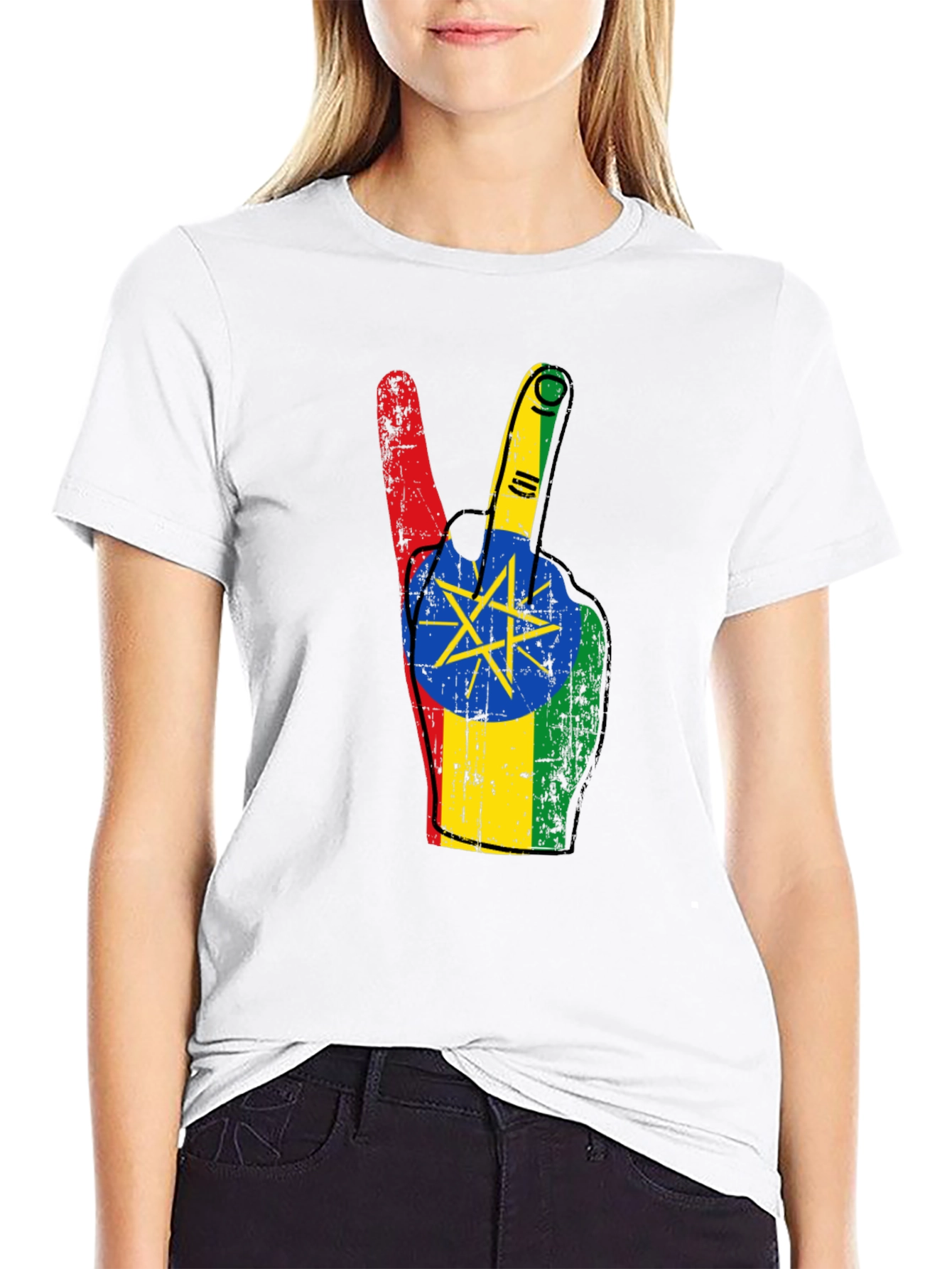 Ethiopian Flag Peace Sign Black T-Shirt