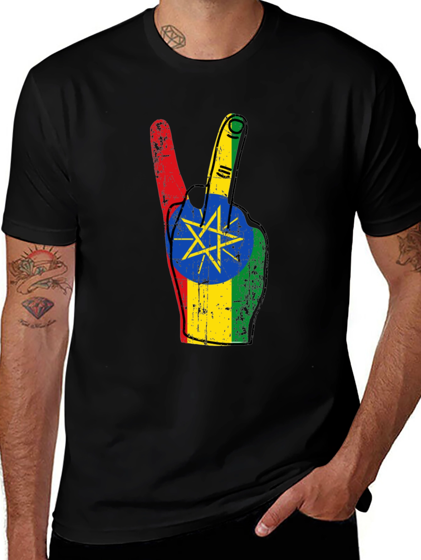 Ethiopian Flag Peace Sign Black T-Shirt