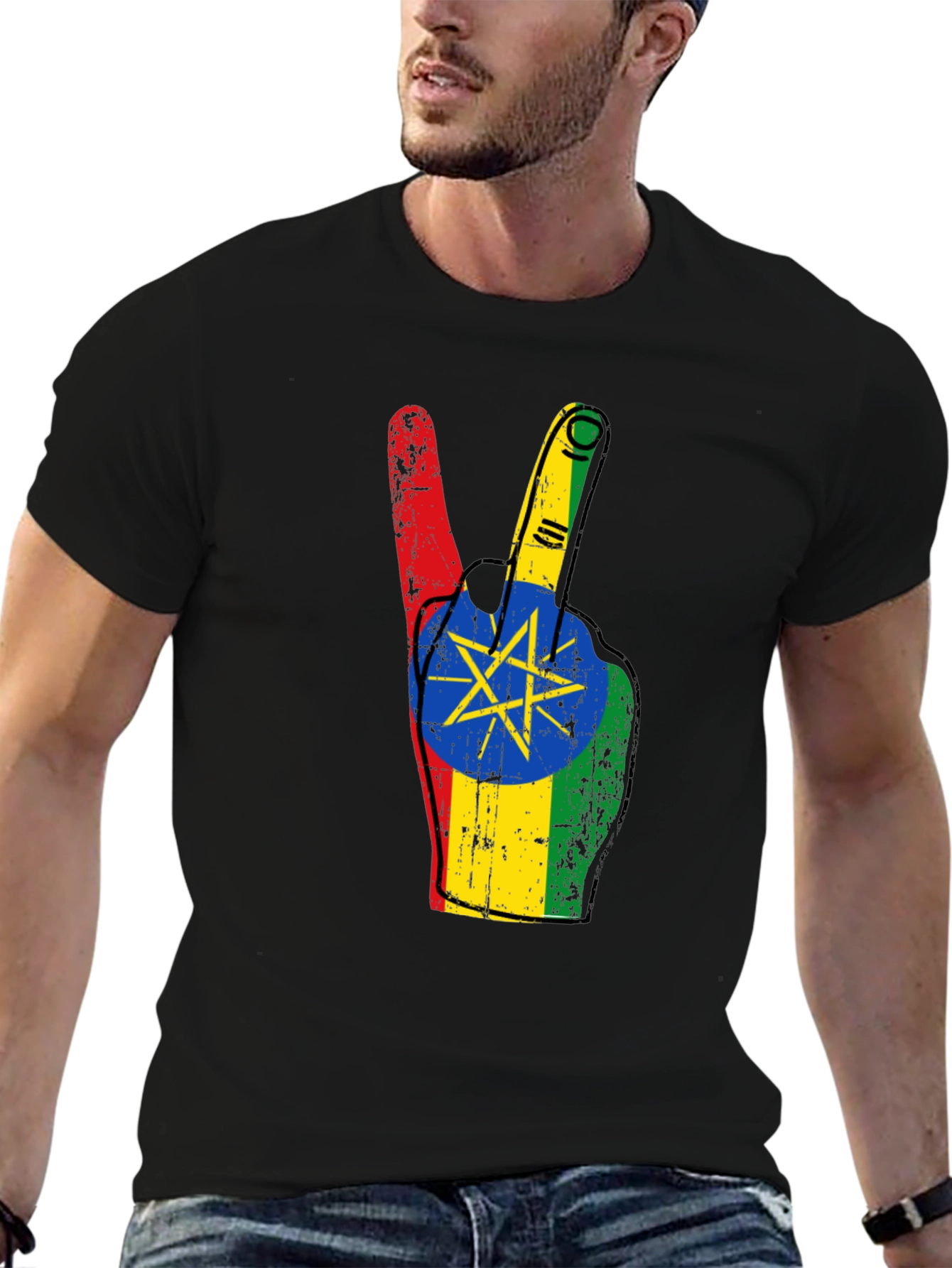 Ethiopian Flag Peace Sign Black T-Shirt