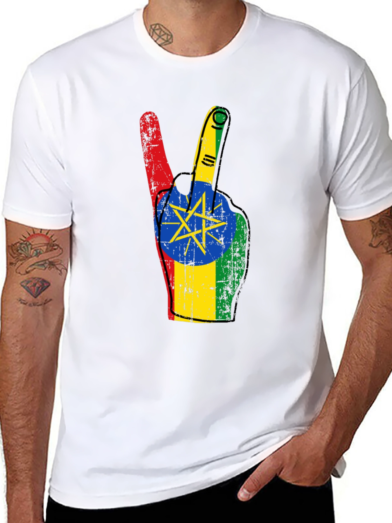 Ethiopian Flag Peace Sign Black T-Shirt