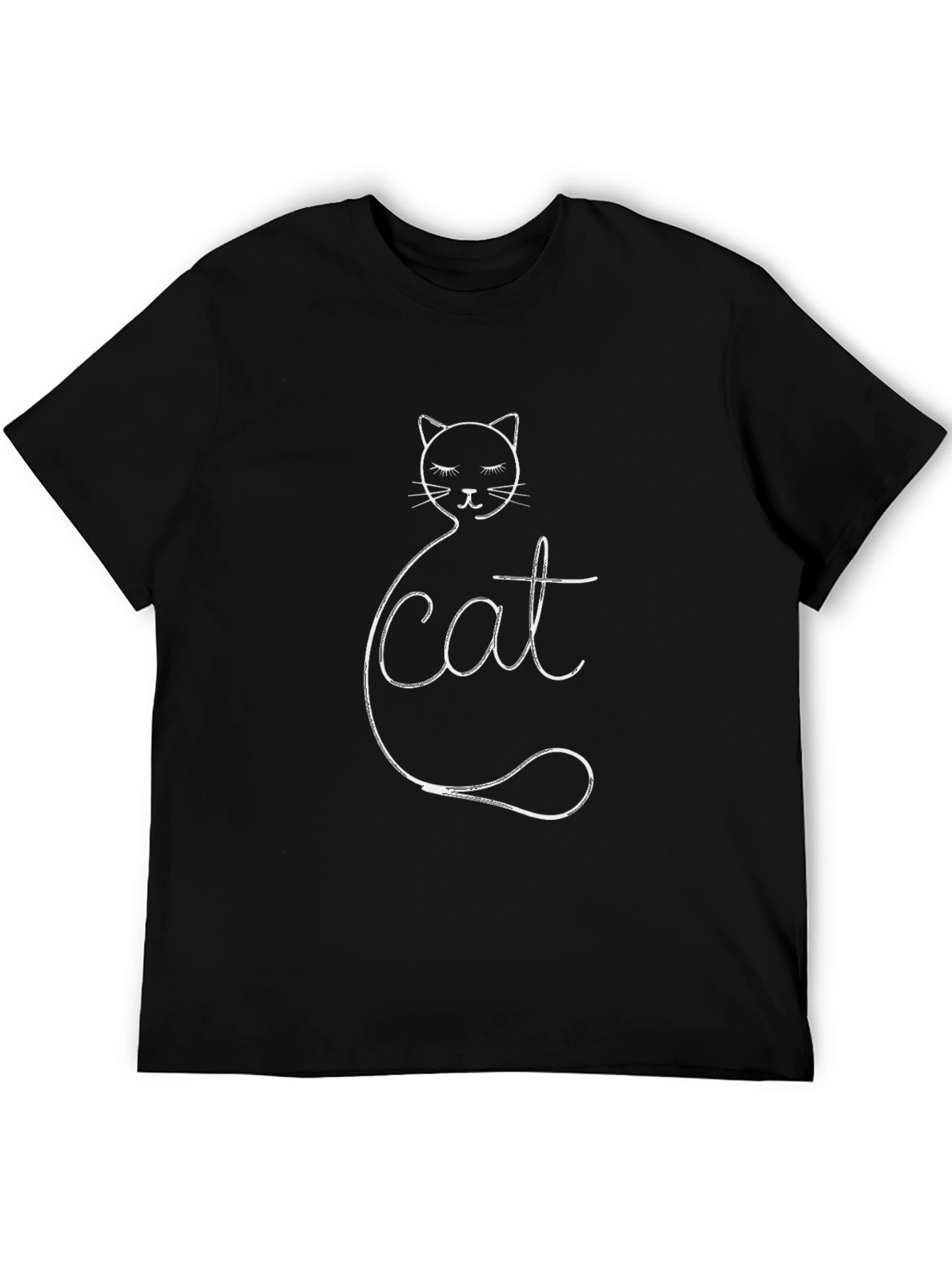 Cute Cat Line Art T-Shirt - Black