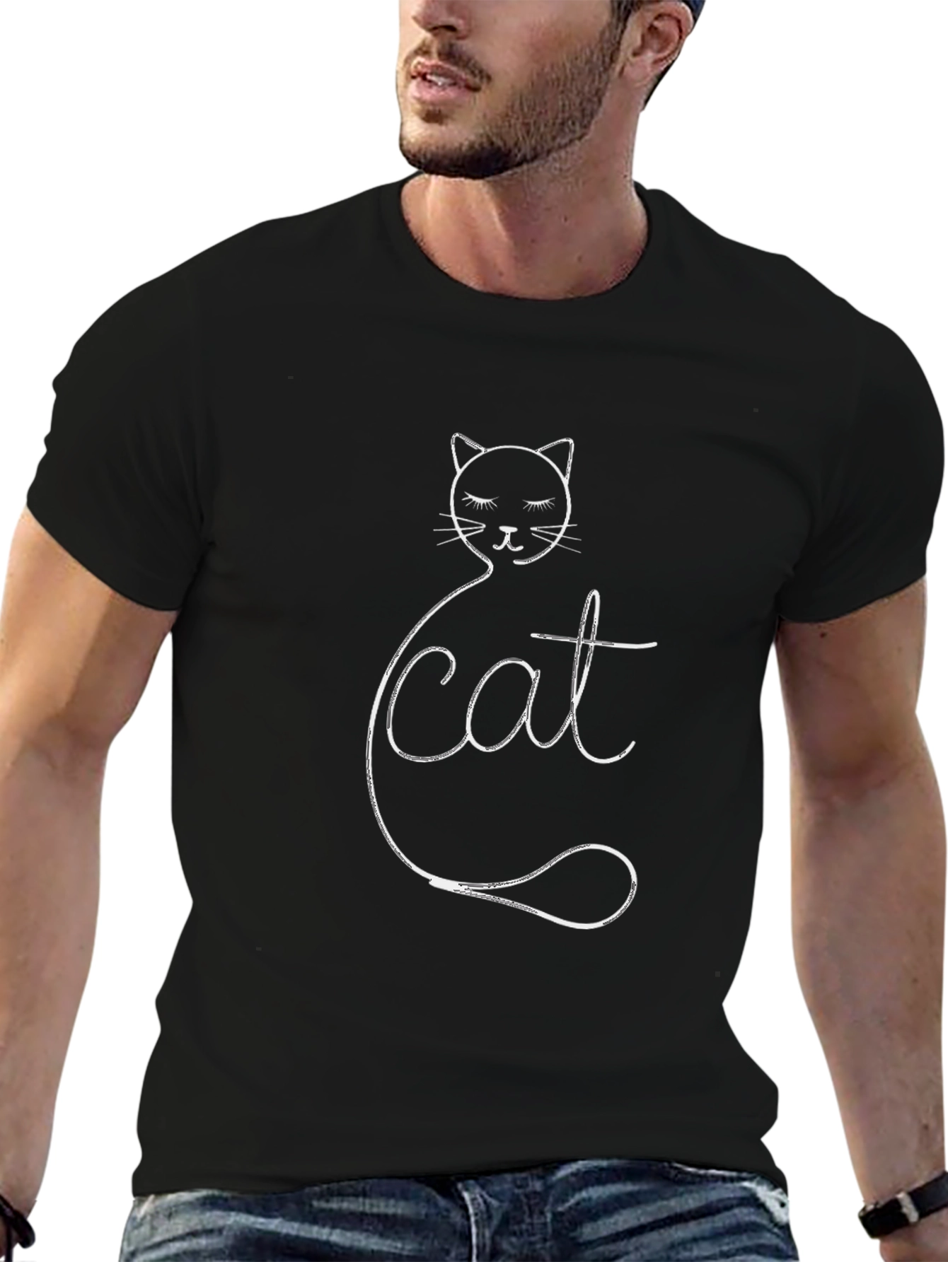 Cute Cat Line Art T-Shirt - Black