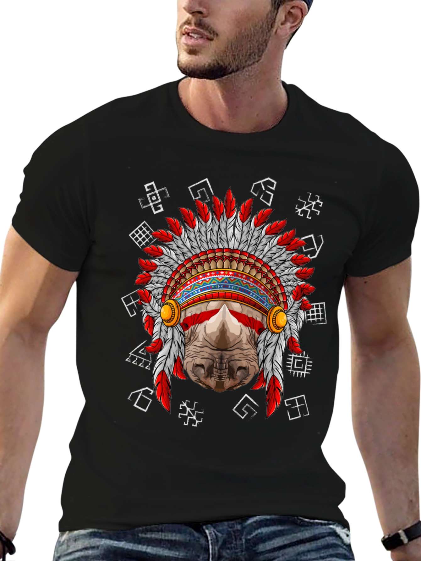 Rhinoceros Native American Headdress Graphic Tee