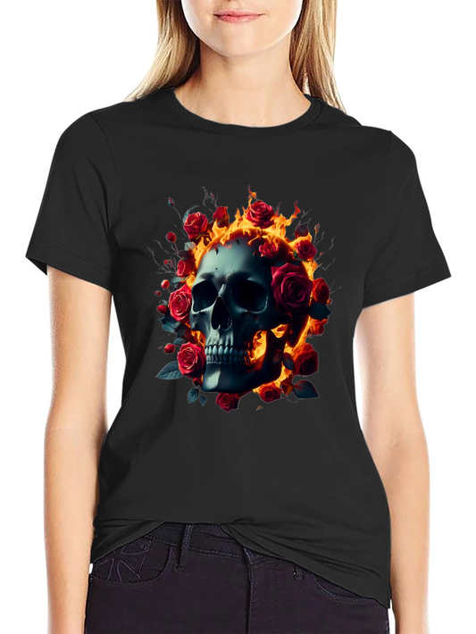 Skull Roses Flames T-Shirt - Dark Gothic Tee