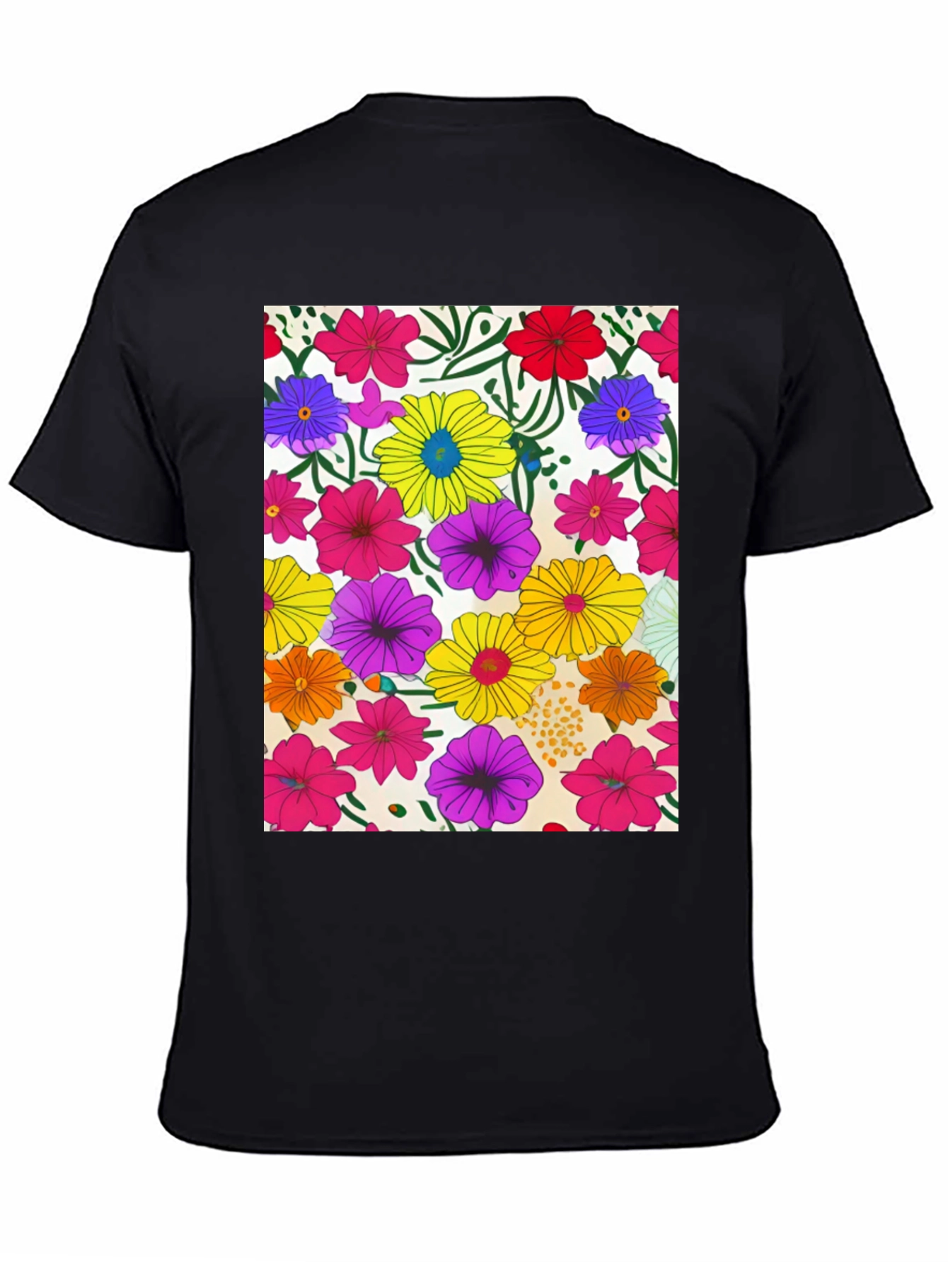 Floral Pattern Black Tee - Vivid Garden Print