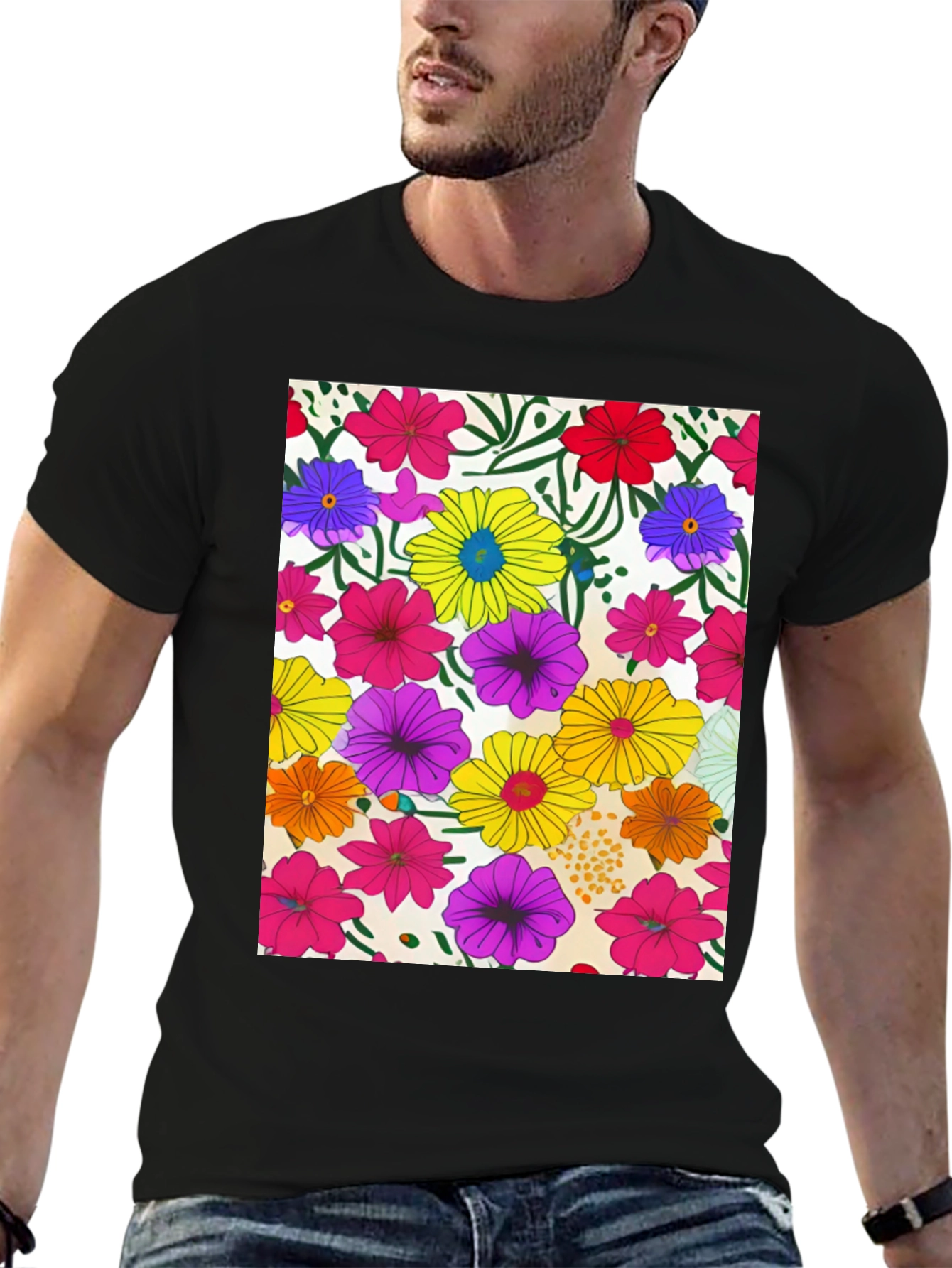 Floral Pattern Black Tee - Vivid Garden Print