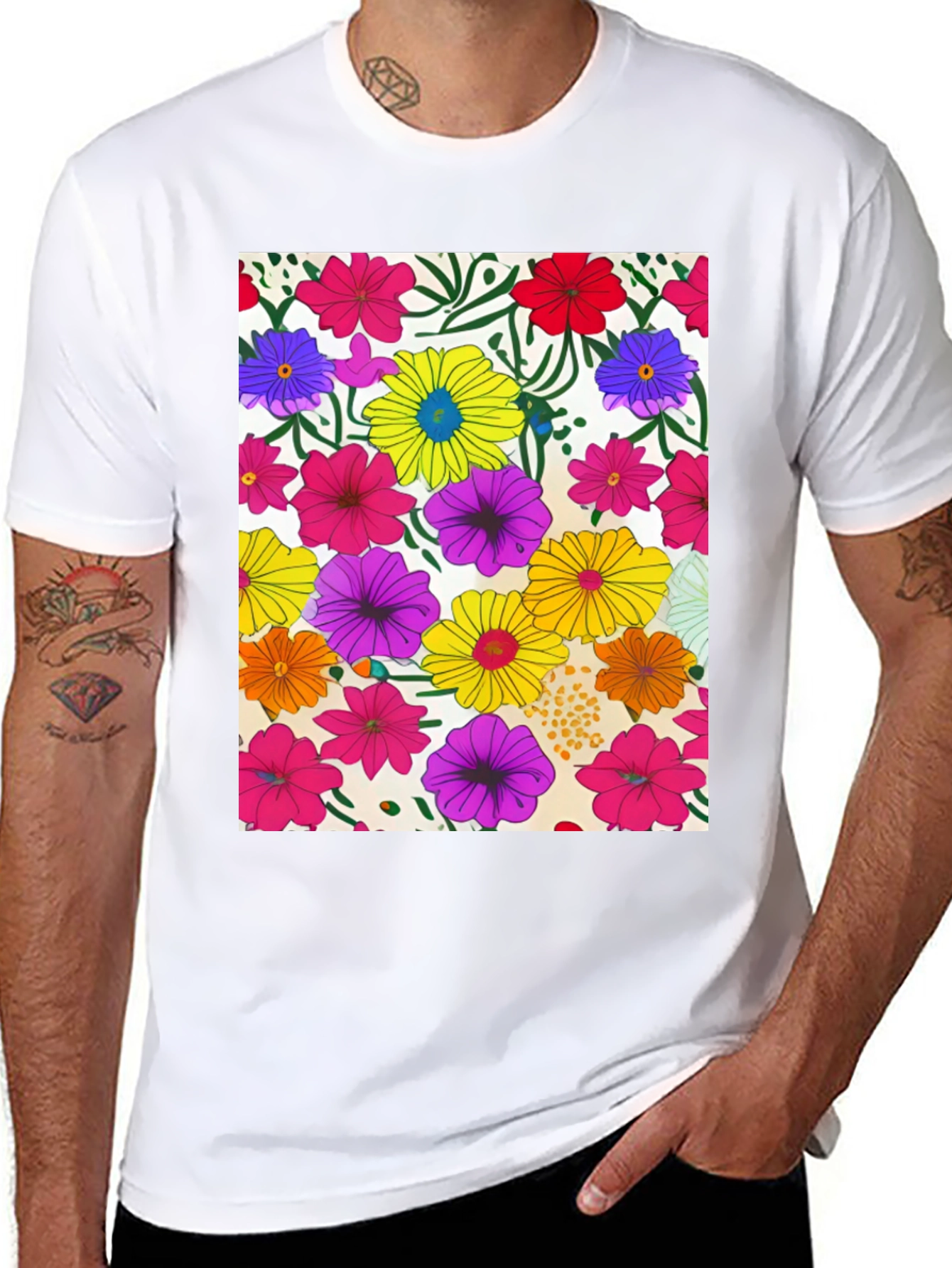 Floral Pattern Black Tee - Vivid Garden Print