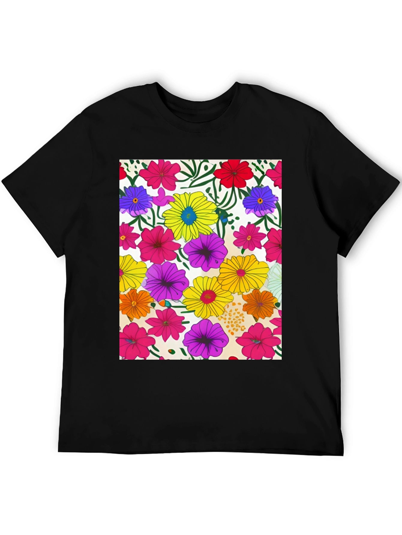 Floral Pattern Black Tee - Vivid Garden Print