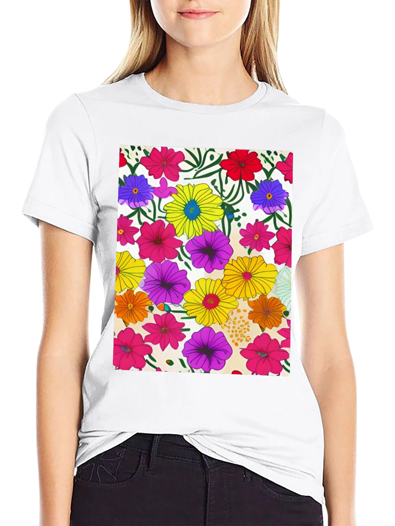 Floral Pattern Black Tee - Vivid Garden Print