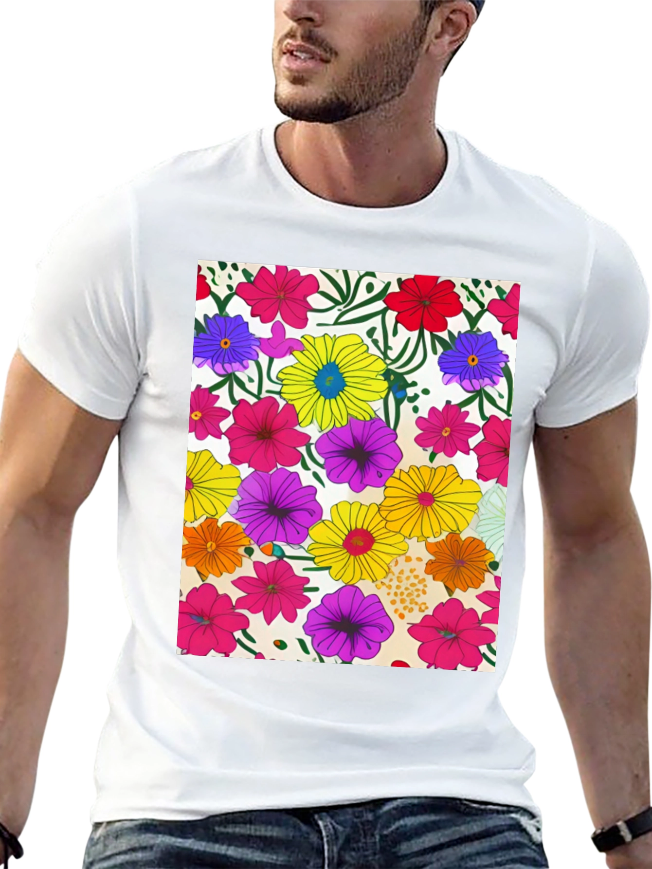 Floral Pattern Black Tee - Vivid Garden Print