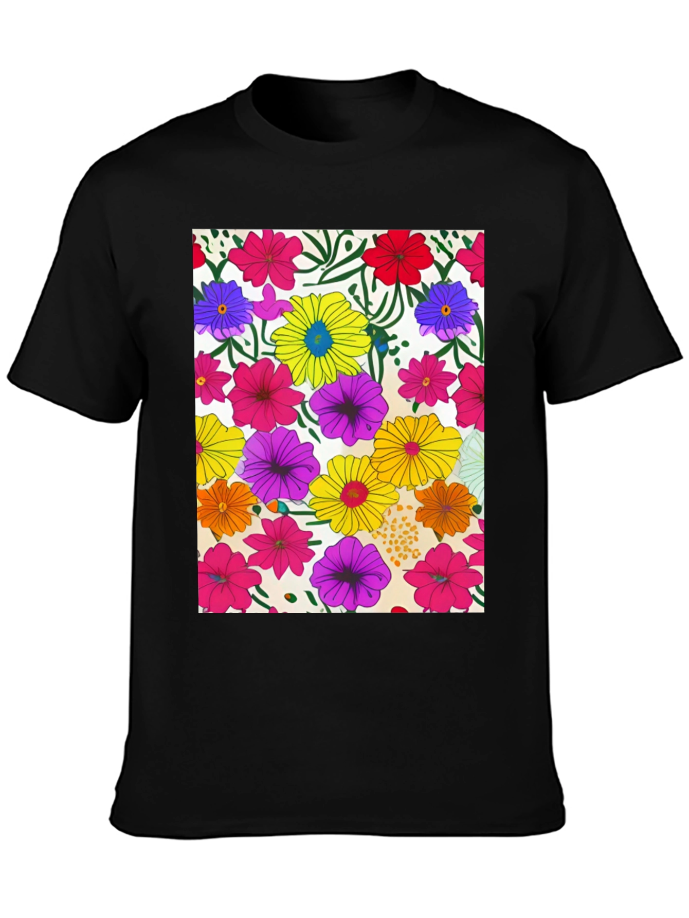 Floral Pattern Black Tee - Vivid Garden Print
