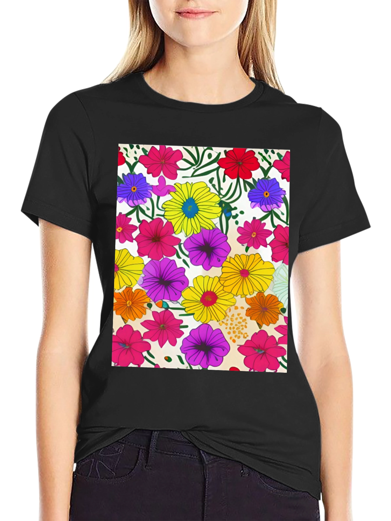 Floral Pattern Black Tee - Vivid Garden Print