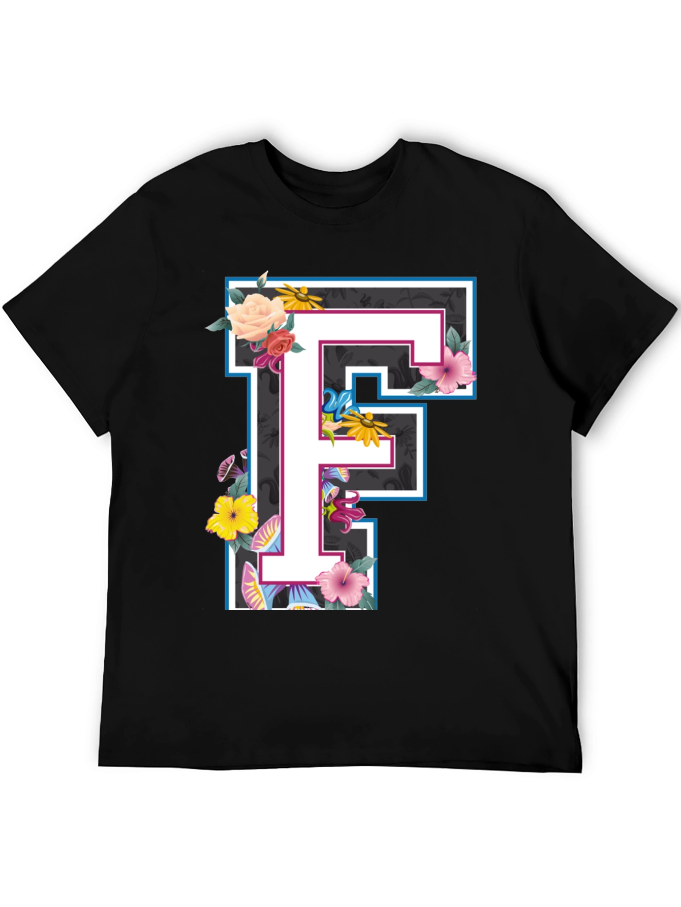 Floral Letter F Black T-Shirt