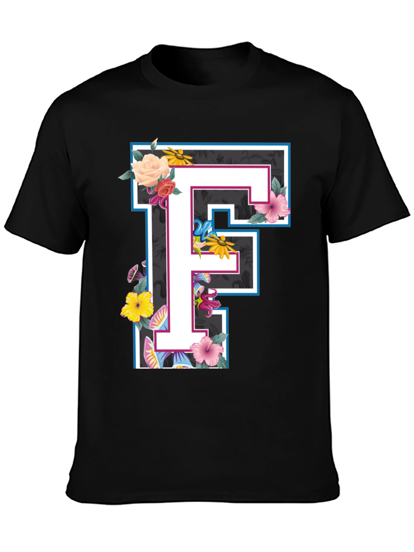 Floral Letter F Black T-Shirt