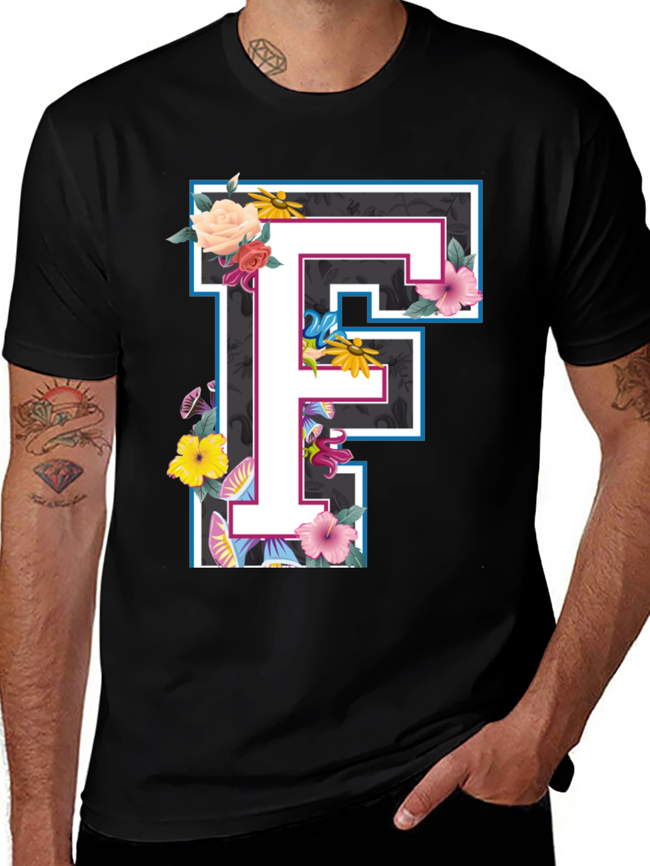 Floral Letter F Black T-Shirt