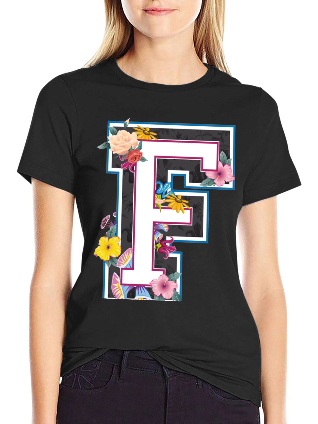 Floral Letter F Black T-Shirt
