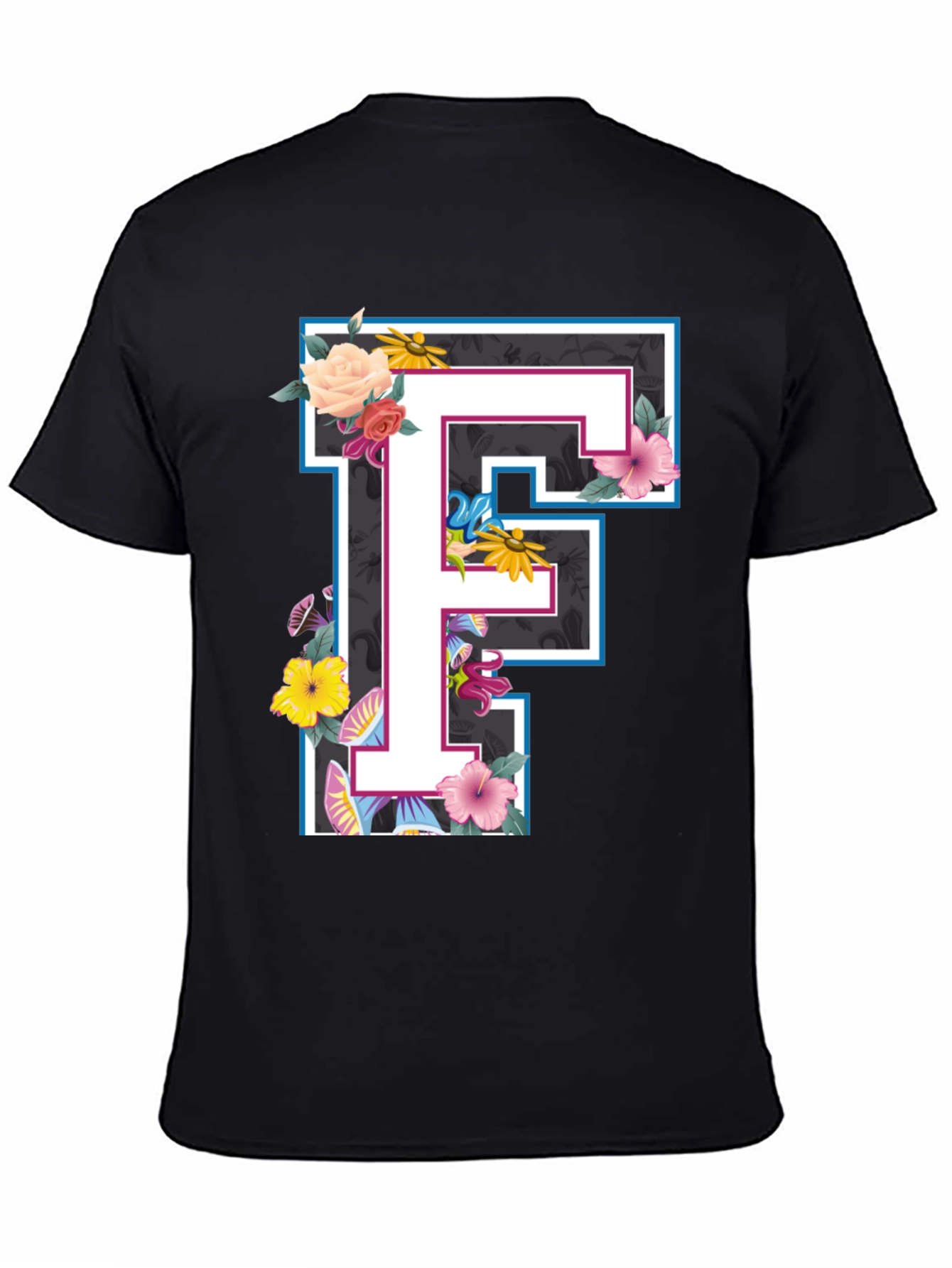 Floral Letter F Black T-Shirt