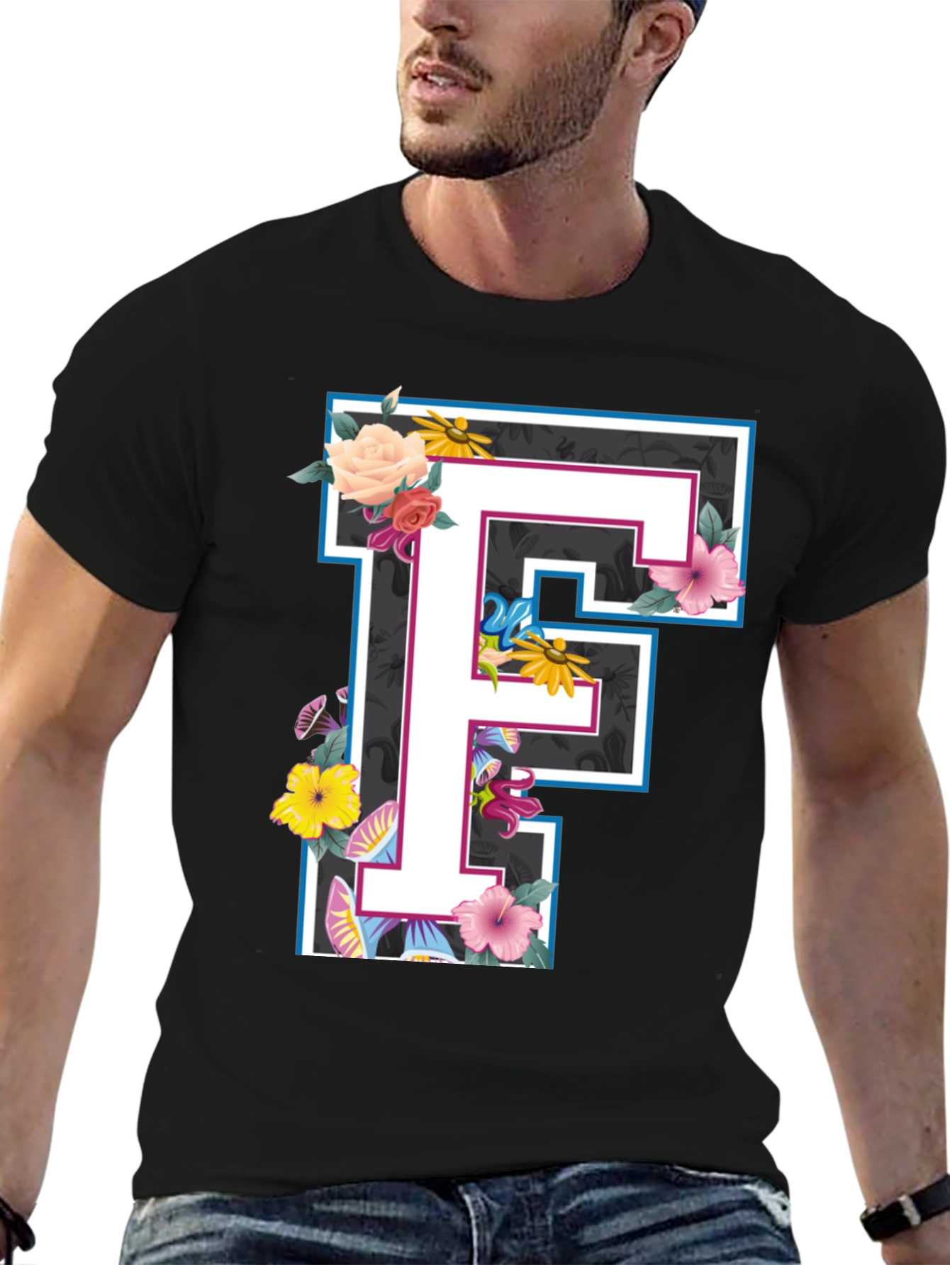 Floral Letter F Black T-Shirt