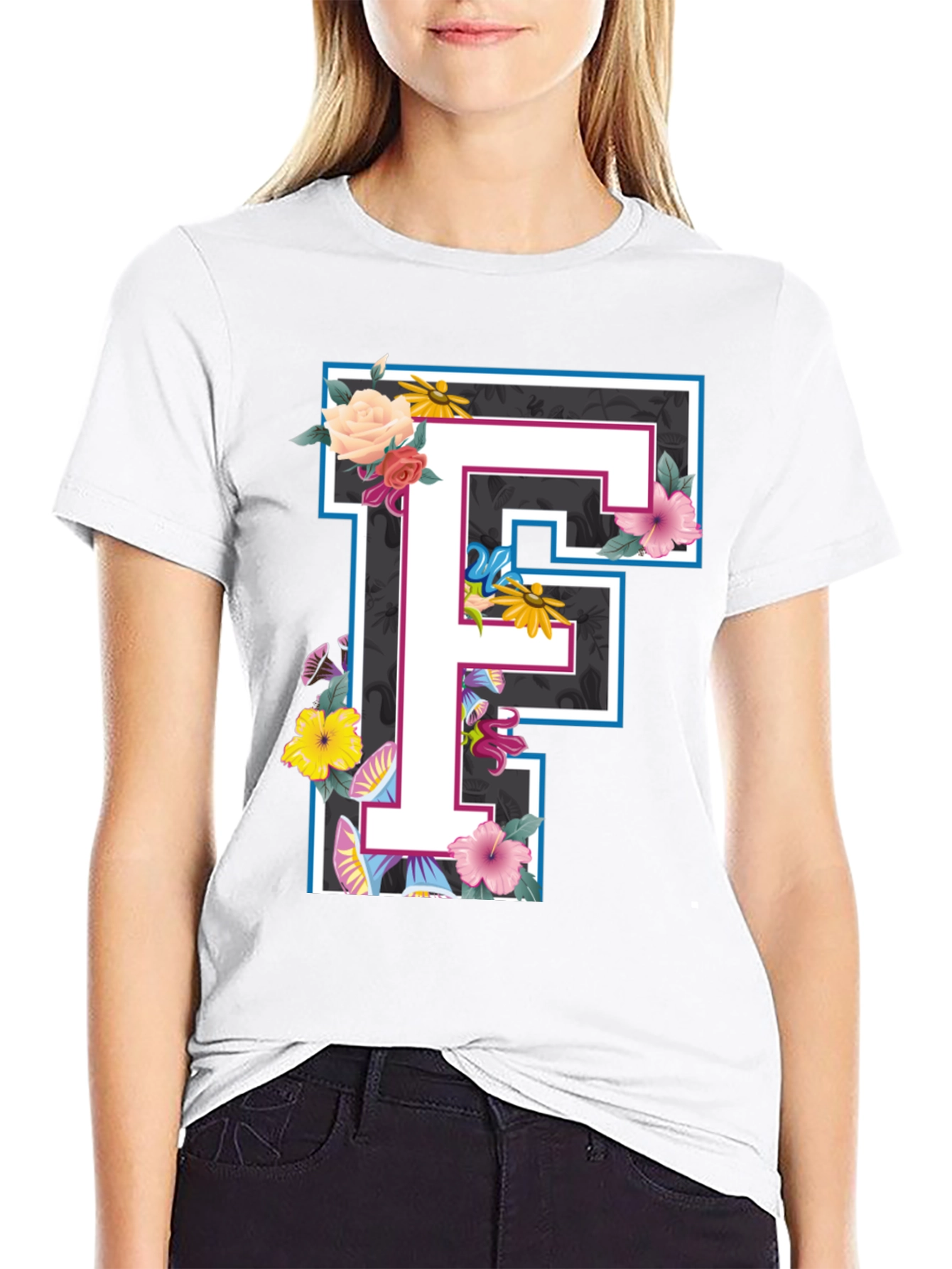 Floral Letter F Black T-Shirt