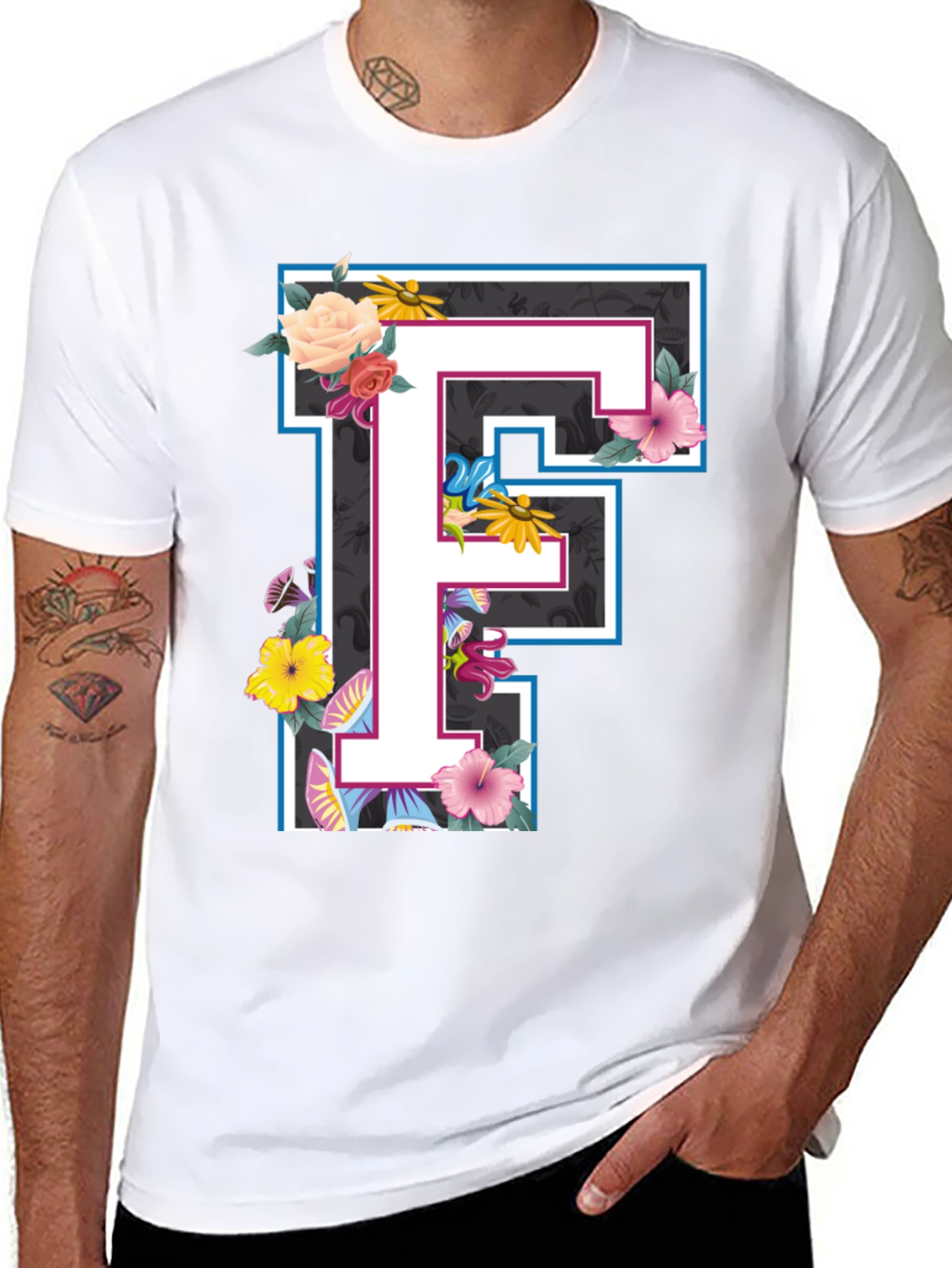 Floral Letter F Black T-Shirt