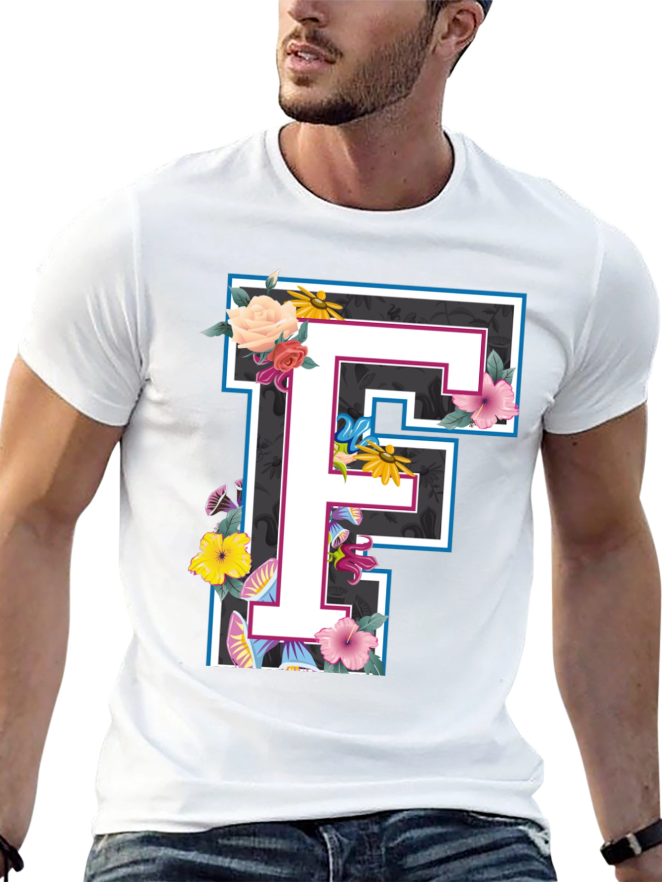Floral Letter F Black T-Shirt