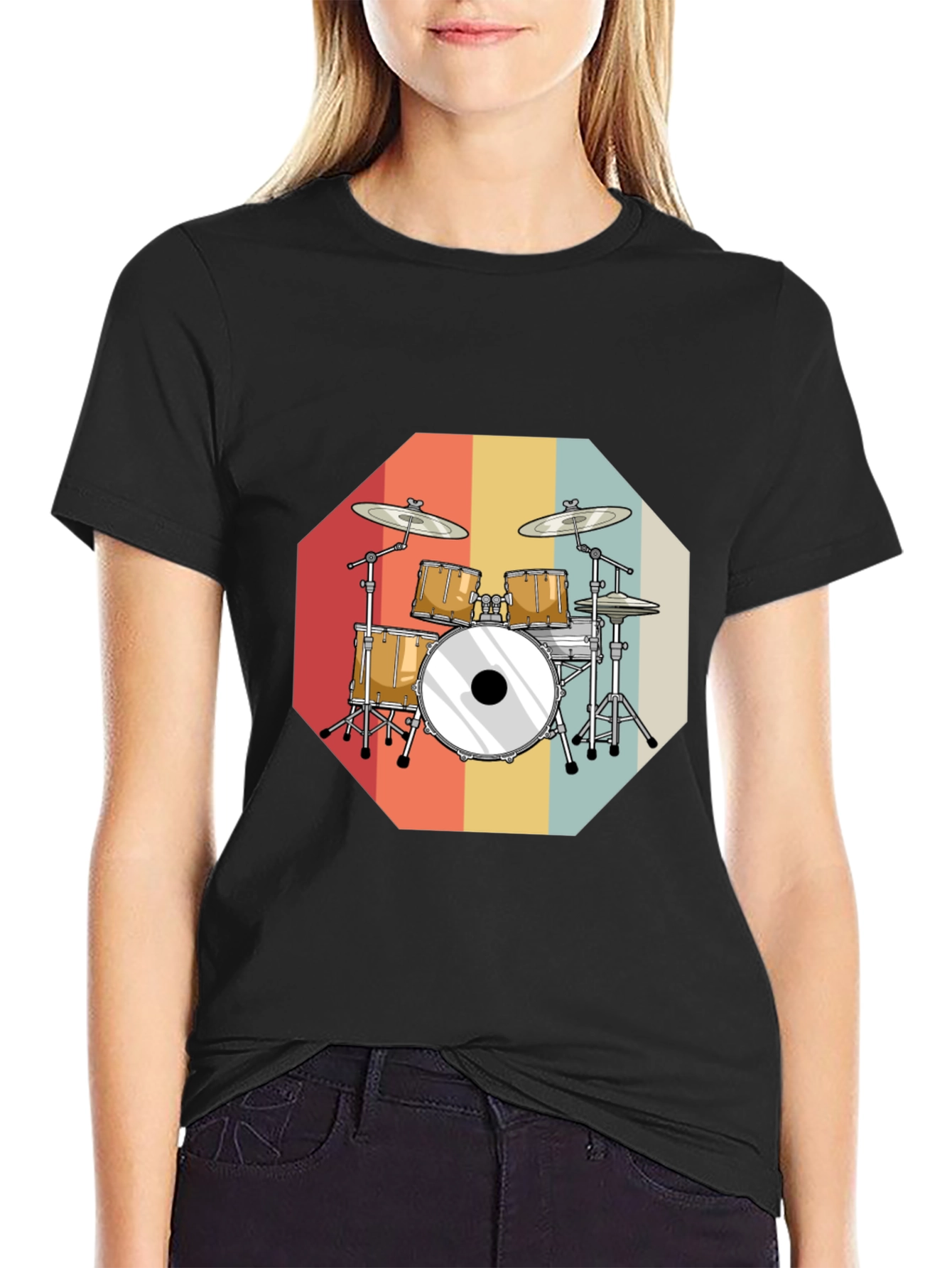 Retro Drum Set Graphic Tee - Black