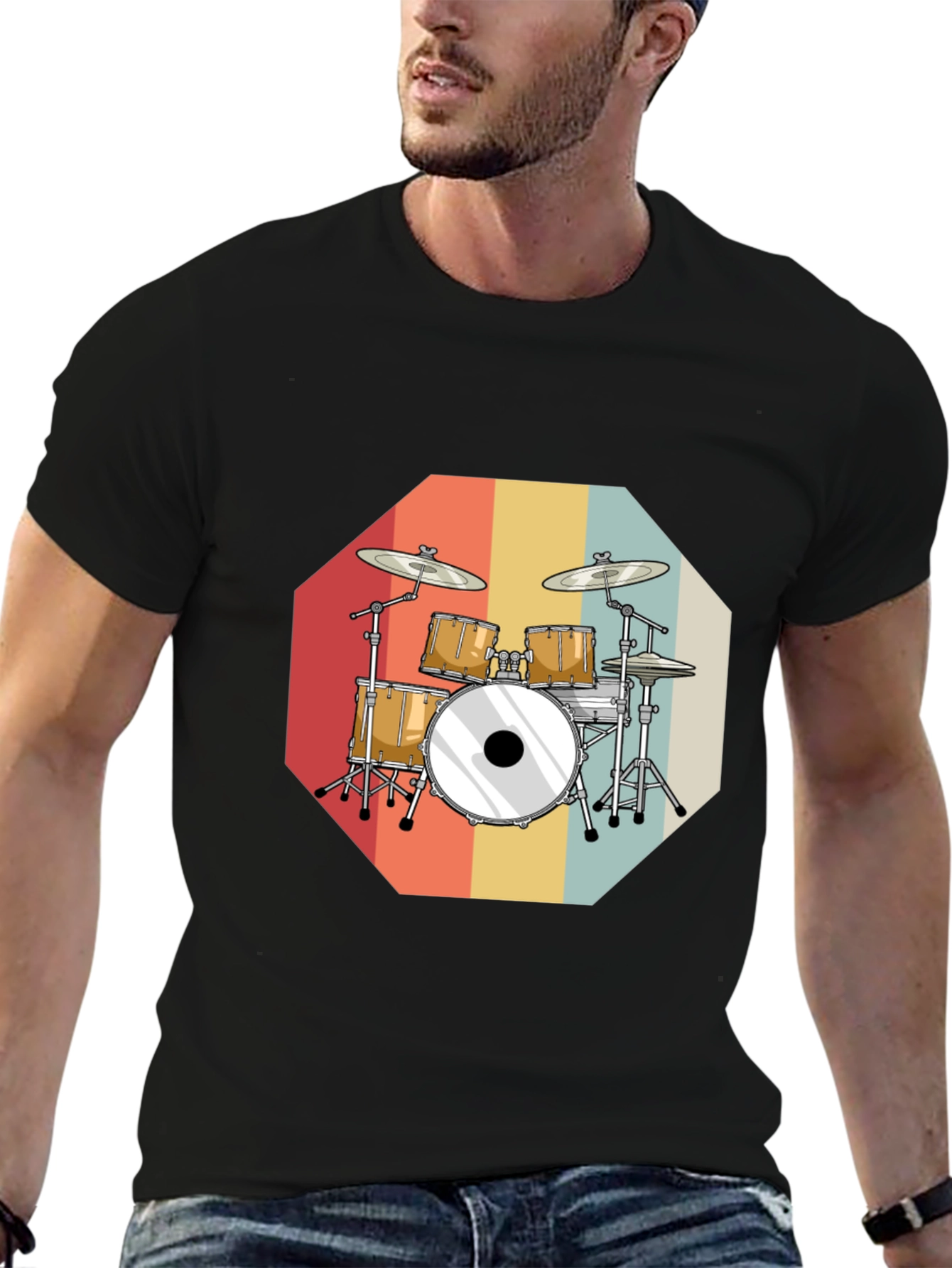 Retro Drum Set Graphic Tee - Black