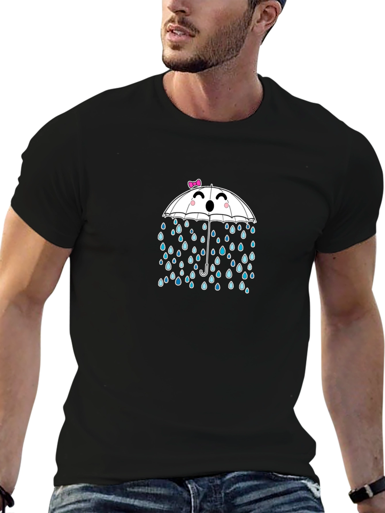 Cute Umbrella & Raindrops Black T-Shirt