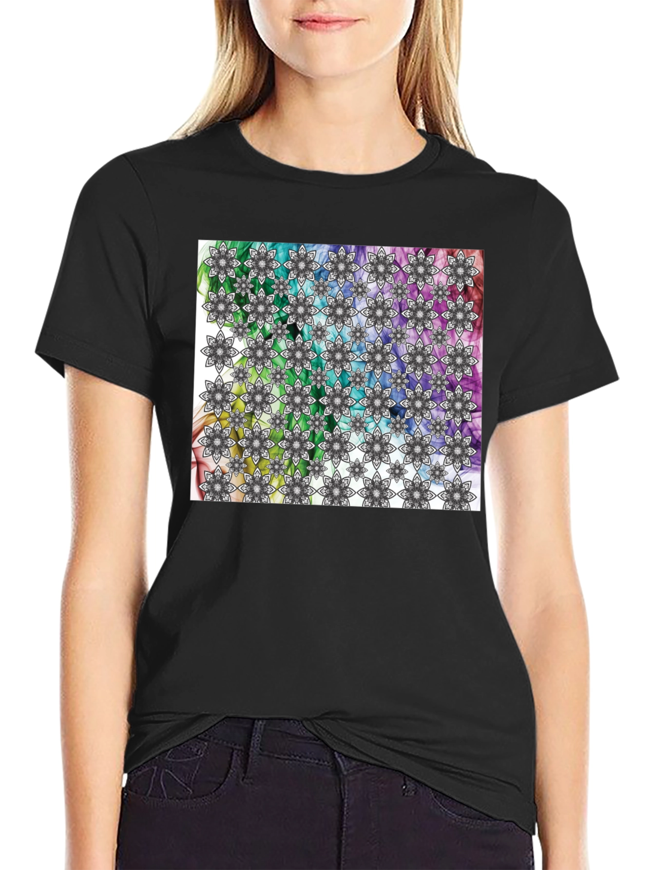 Kaleidoscope Floral Print Mens Black T-Shirt
