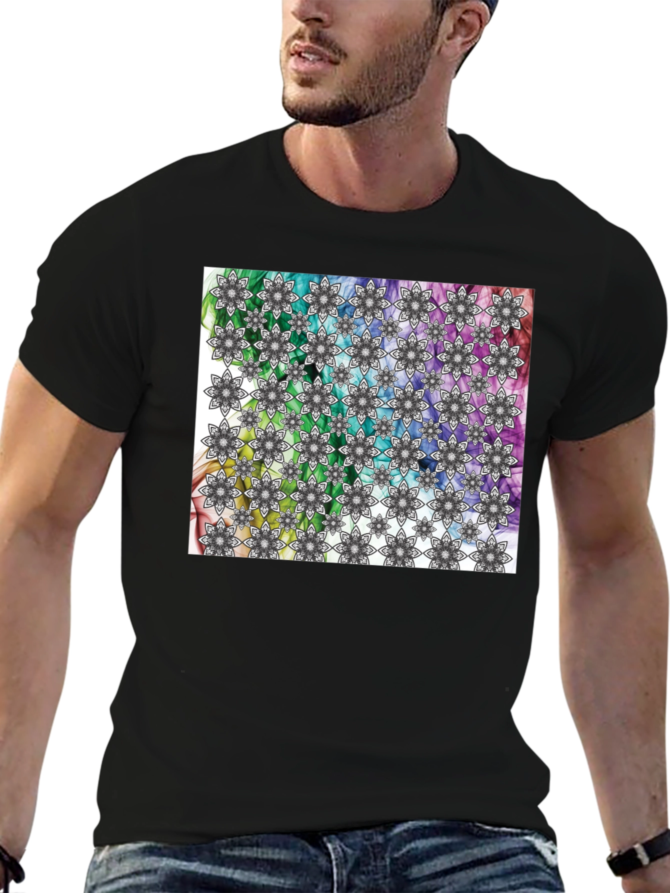 Kaleidoscope Floral Print Mens Black T-Shirt