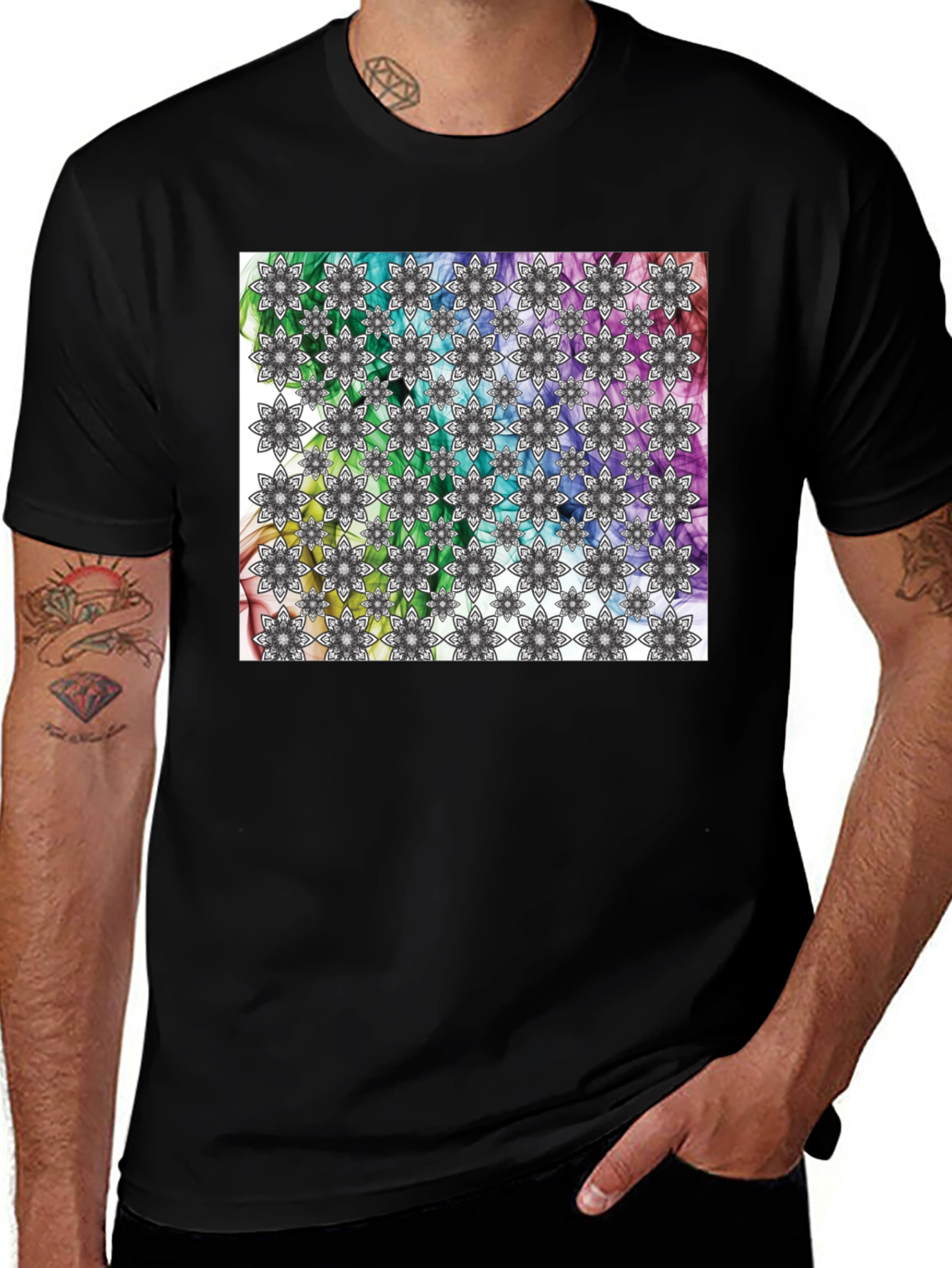 Kaleidoscope Floral Print Mens Black T-Shirt
