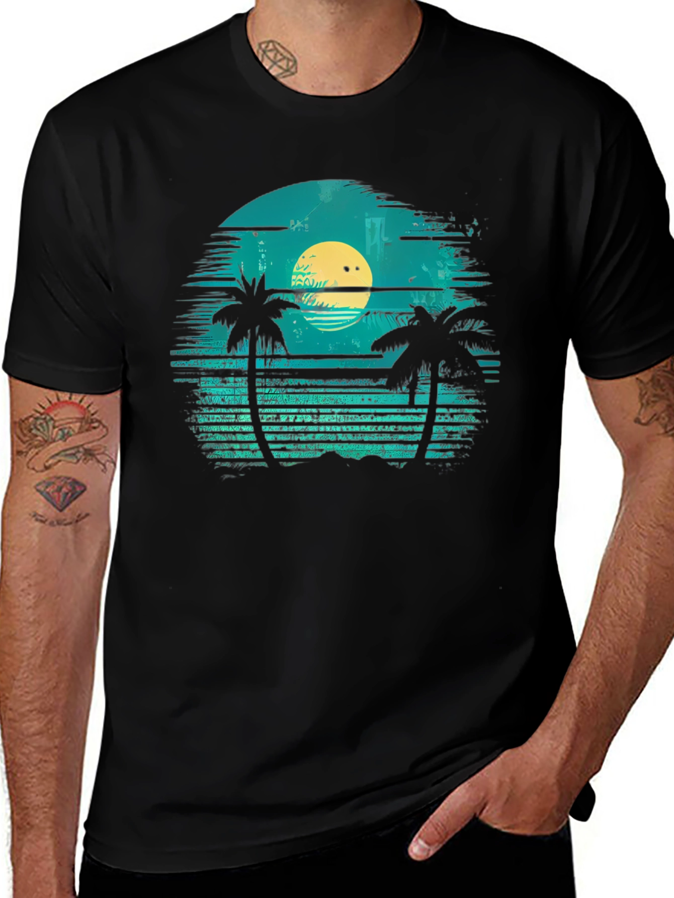 Retro Sunset Palm Tee - Tropical Vibes