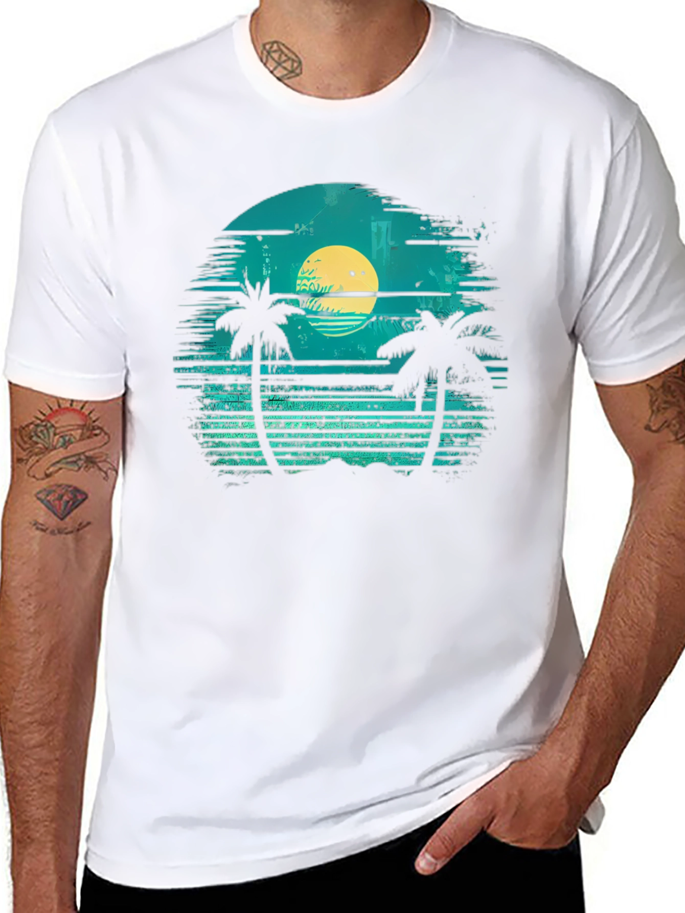 Retro Sunset Palm Tee - Tropical Vibes