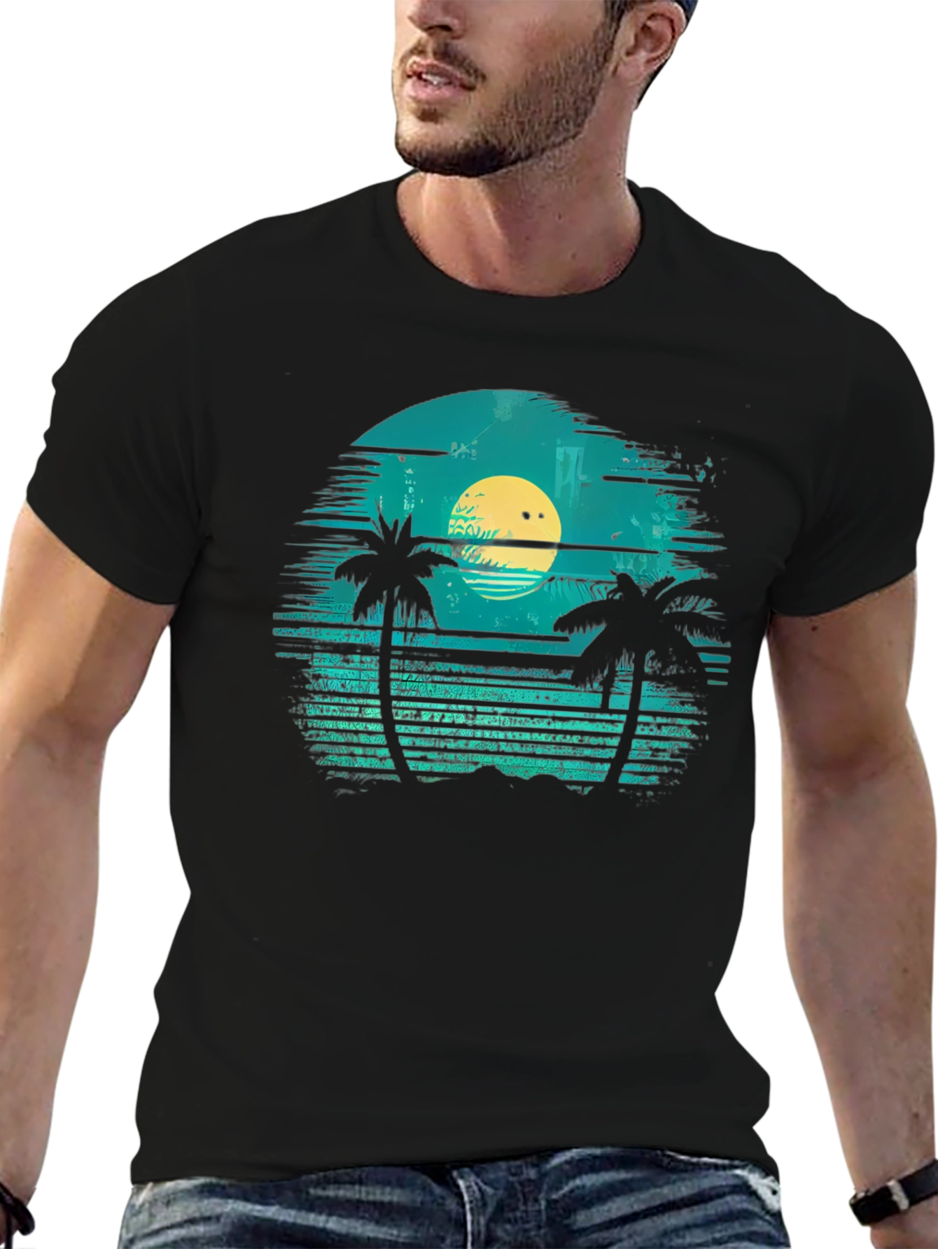 Retro Sunset Palm Tee - Tropical Vibes