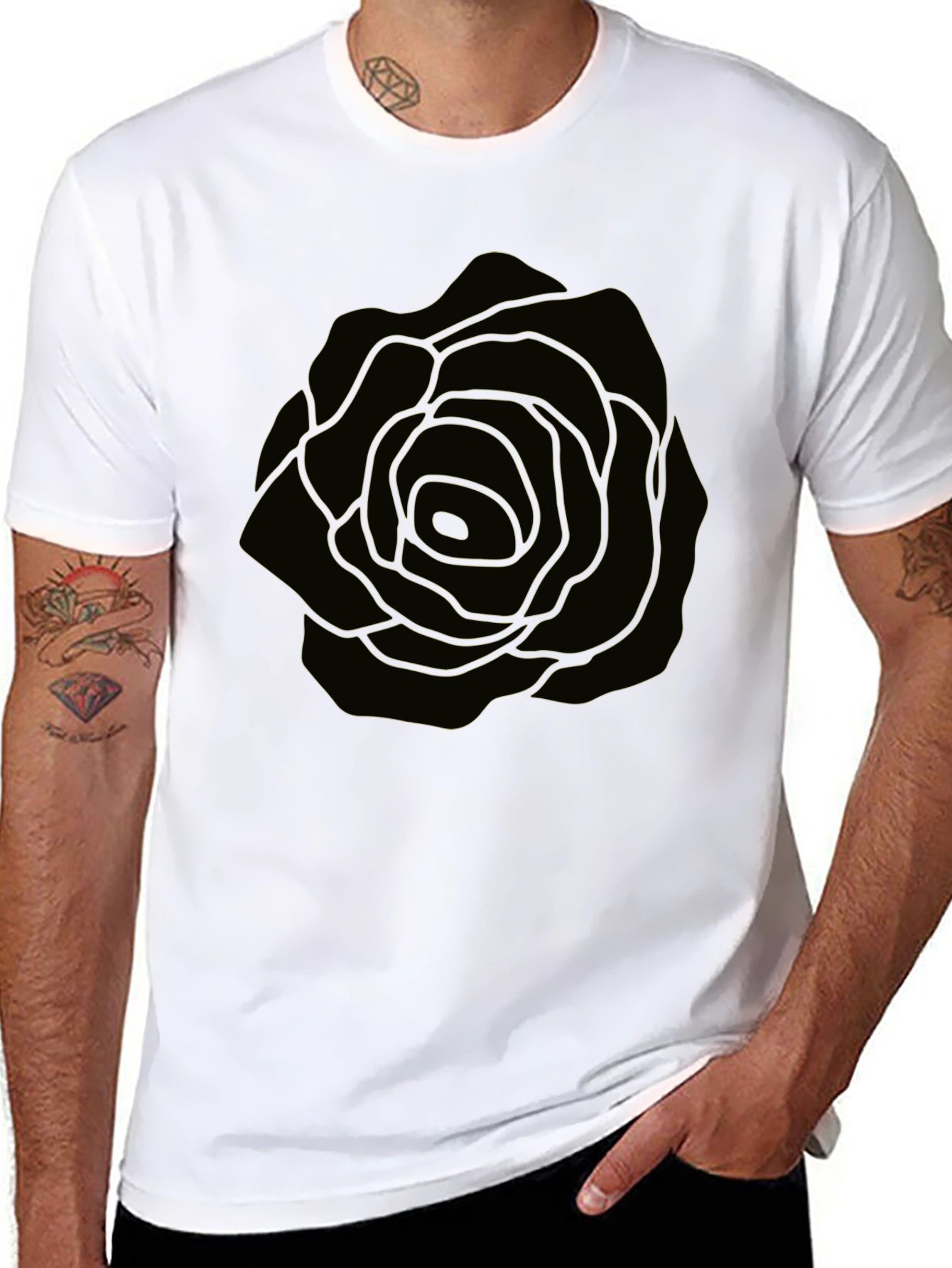 Mens Black T-Shirt with Rose Graphic