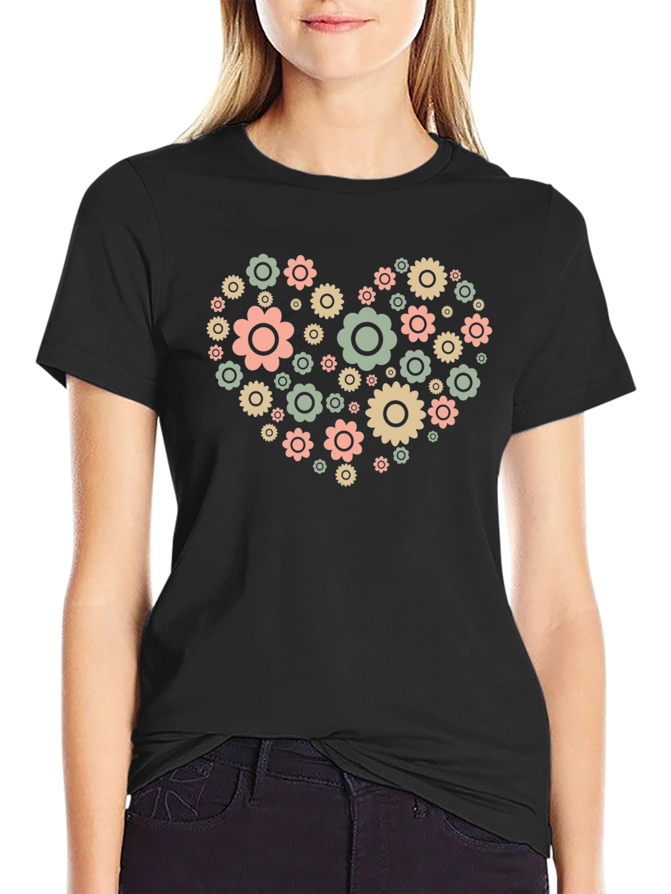 Floral Heart Graphic Tee - Black Cotton Blend