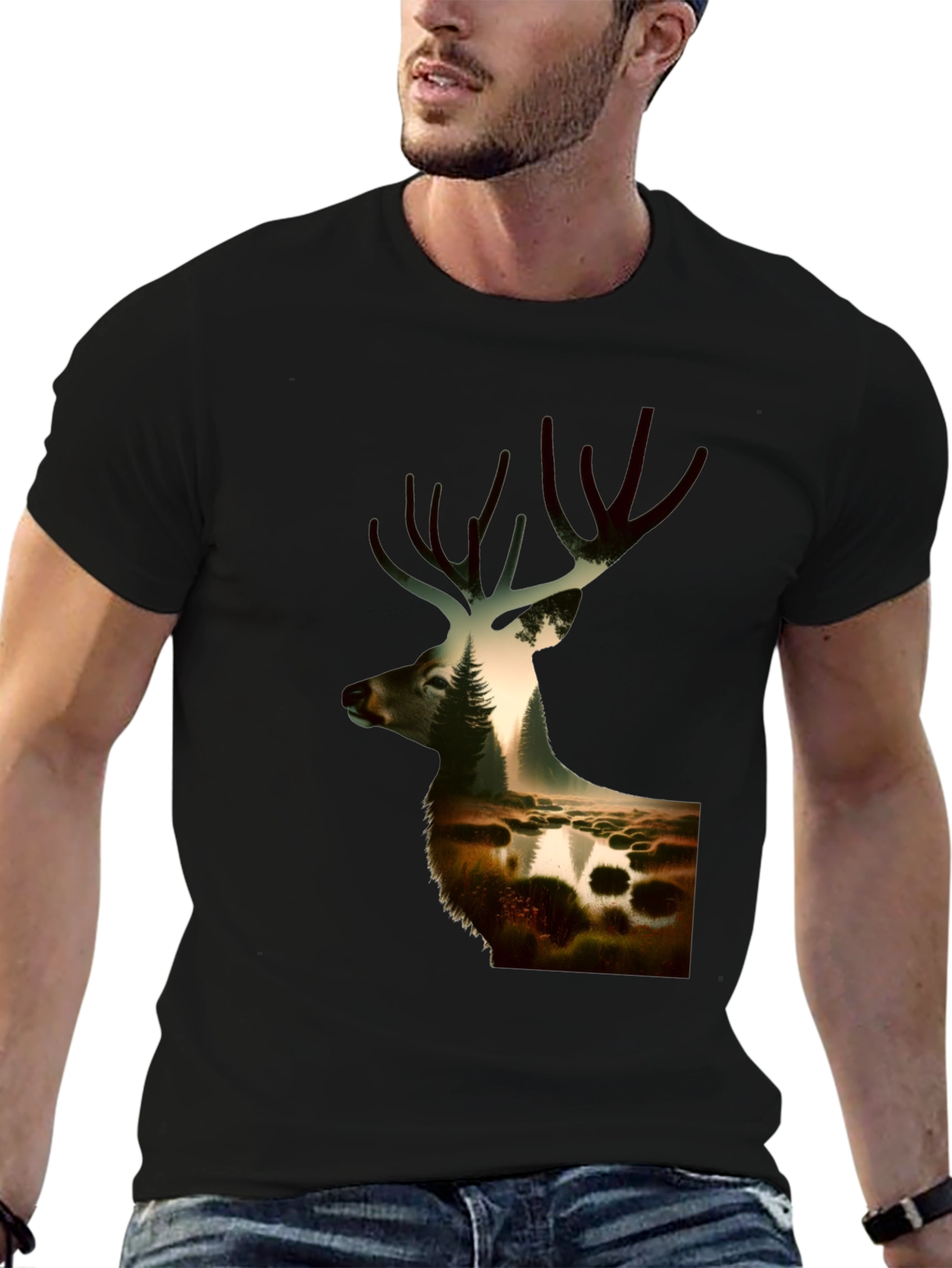 Nature Deer Graphic Black T-Shirt