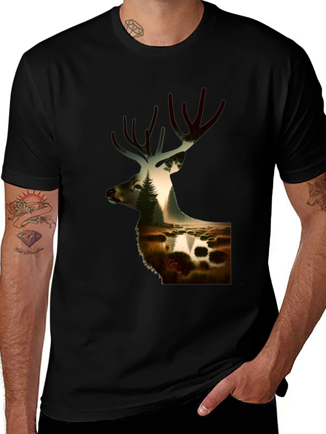 Nature Deer Graphic Black T-Shirt