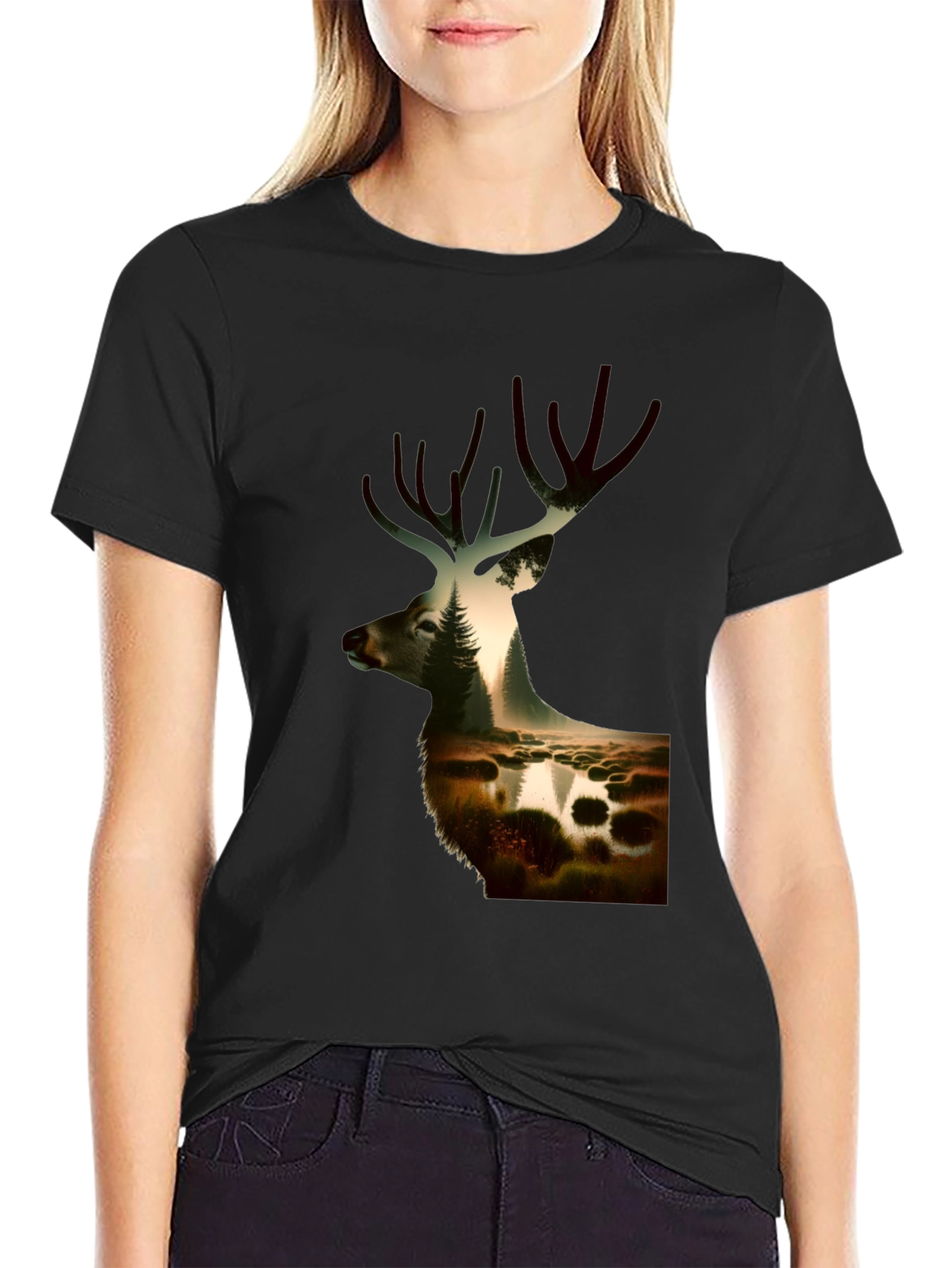 Nature Deer Graphic Black T-Shirt