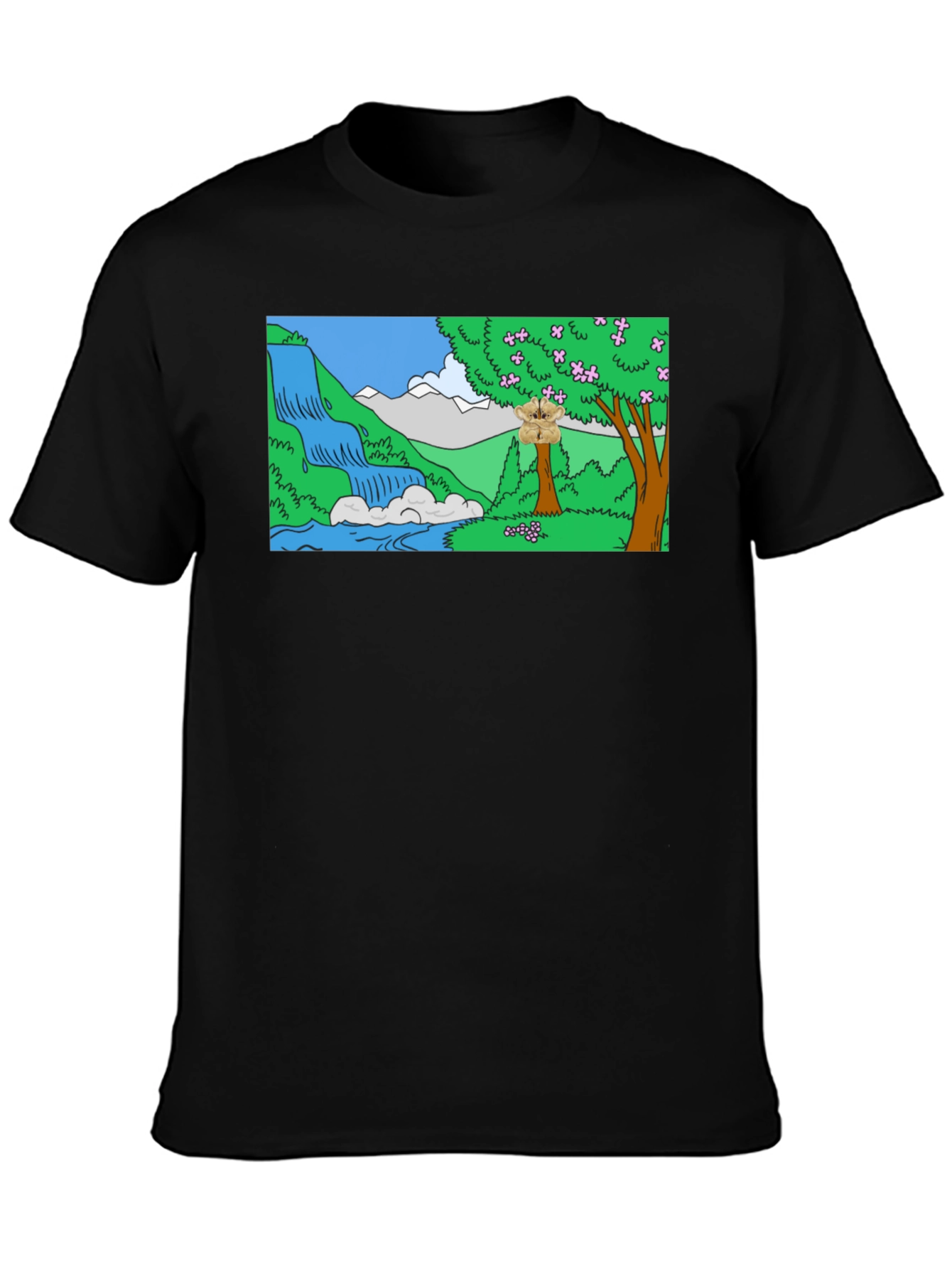 Cartoon Waterfall Scene Black T-Shirt