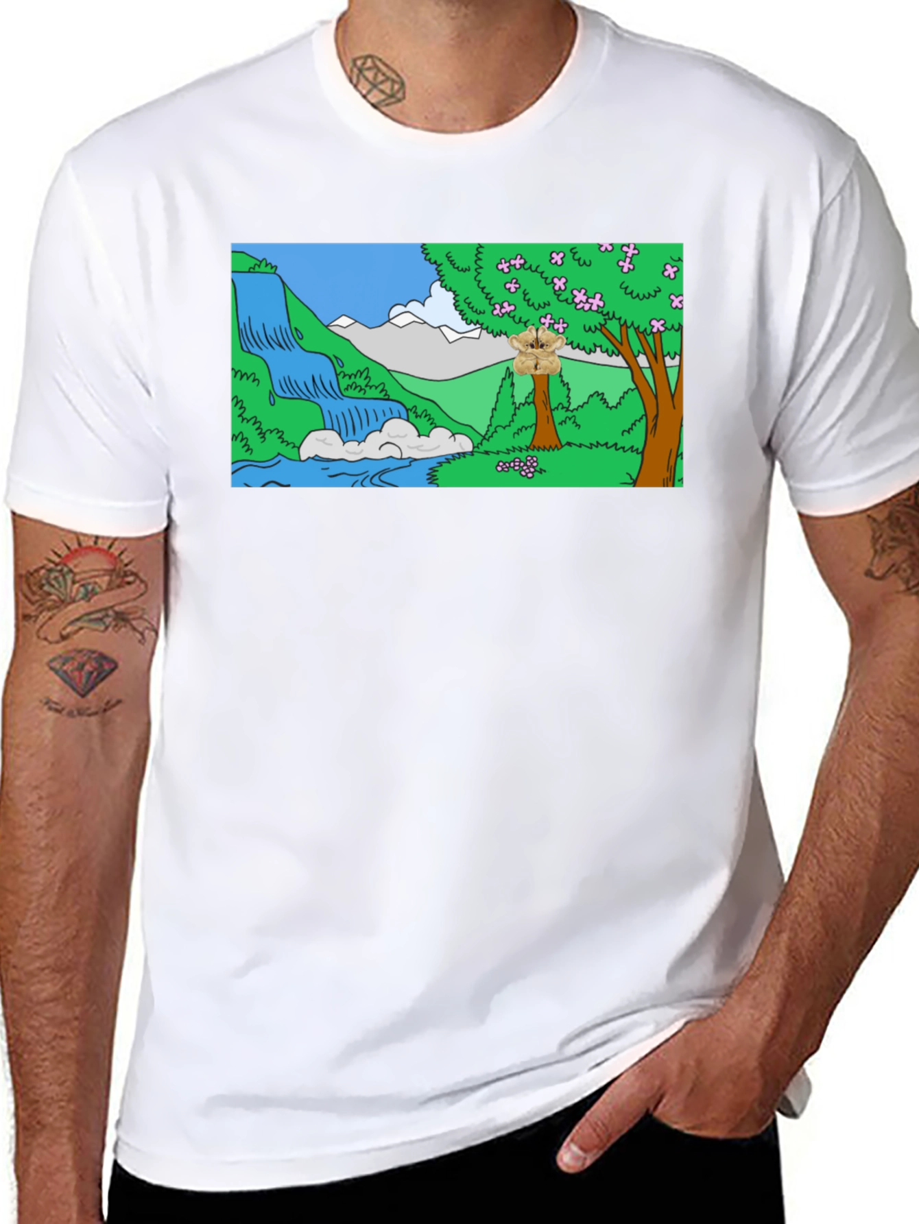 Cartoon Waterfall Scene Black T-Shirt