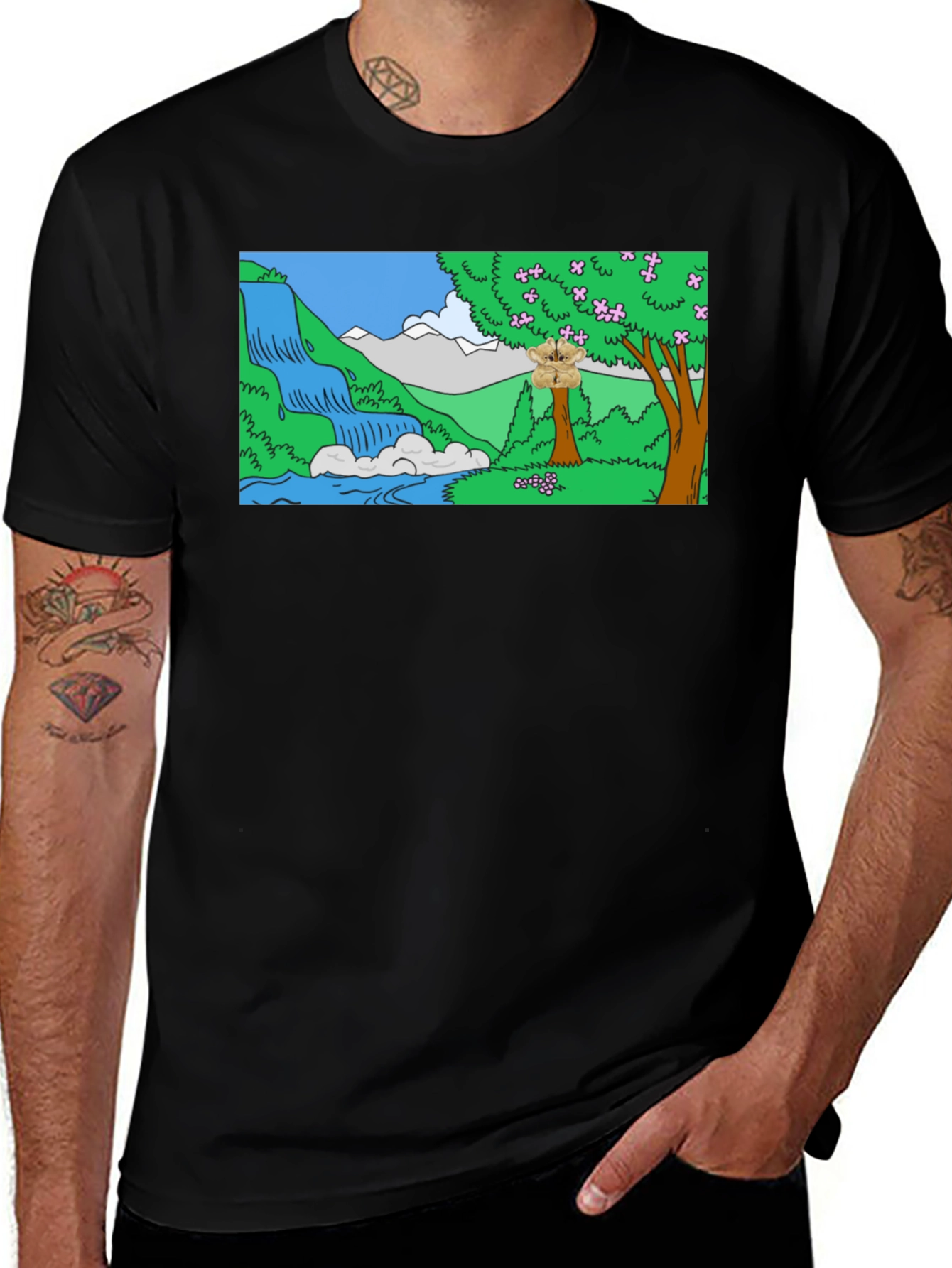 Cartoon Waterfall Scene Black T-Shirt
