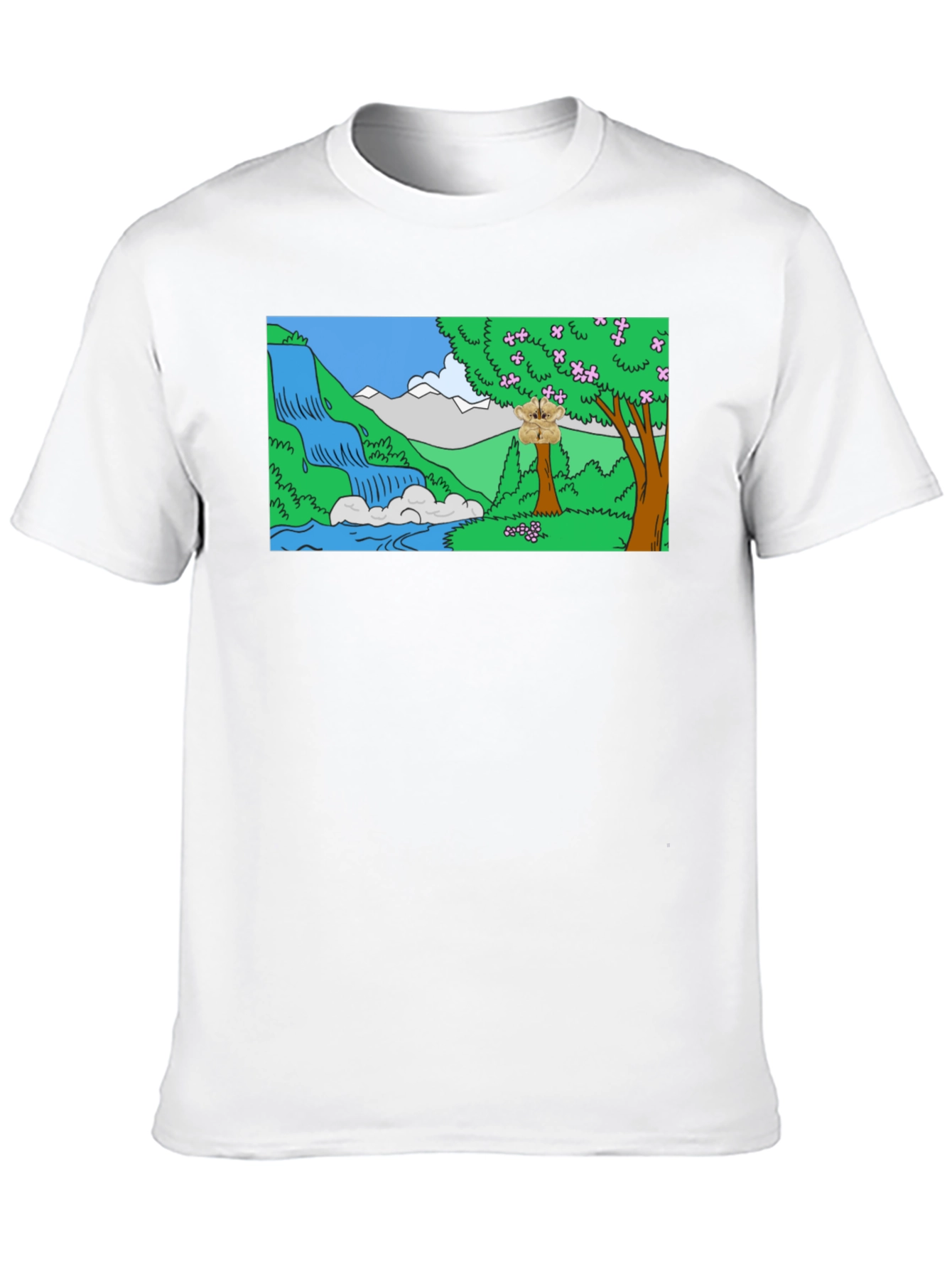 Cartoon Waterfall Scene Black T-Shirt