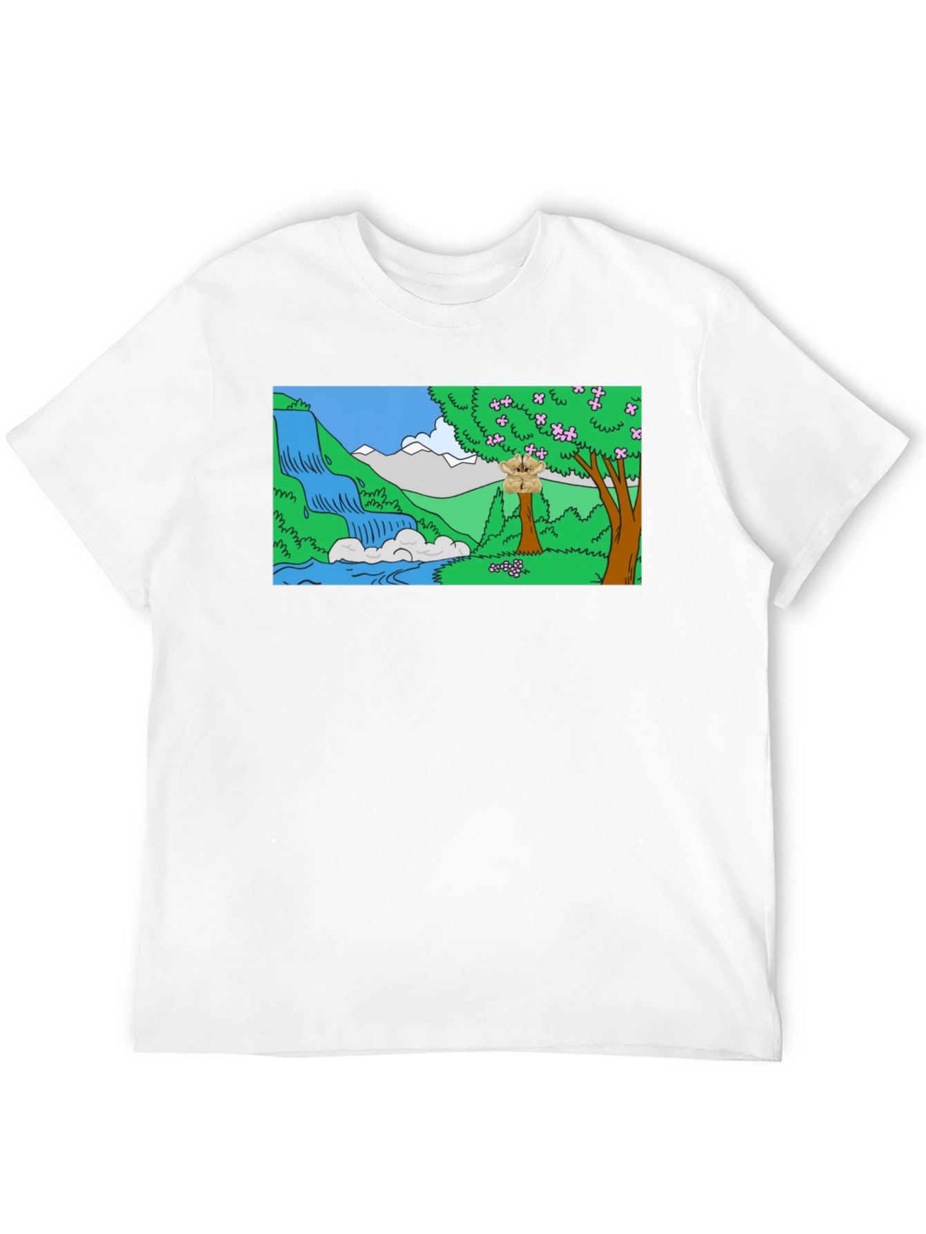 Cartoon Waterfall Scene Black T-Shirt