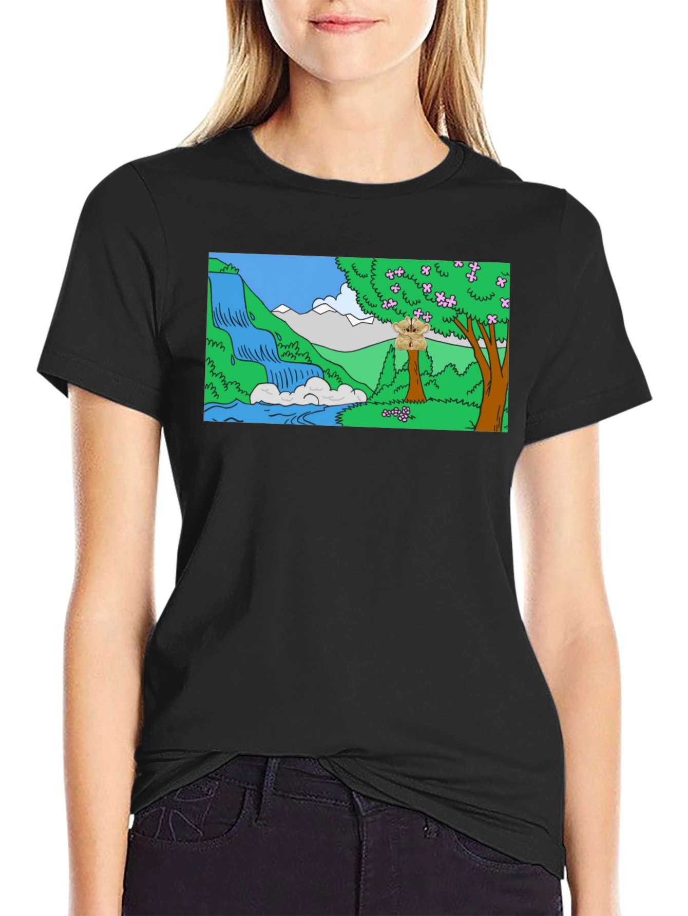 Cartoon Waterfall Scene Black T-Shirt