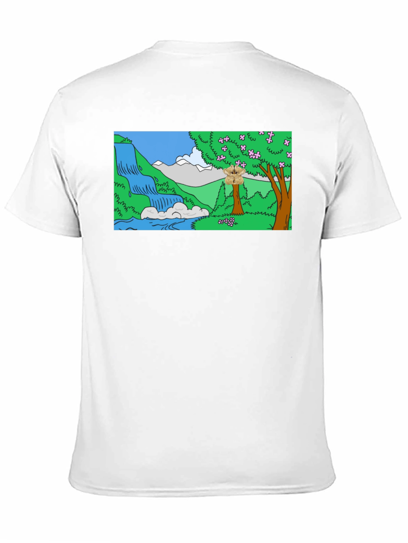 Cartoon Waterfall Scene Black T-Shirt
