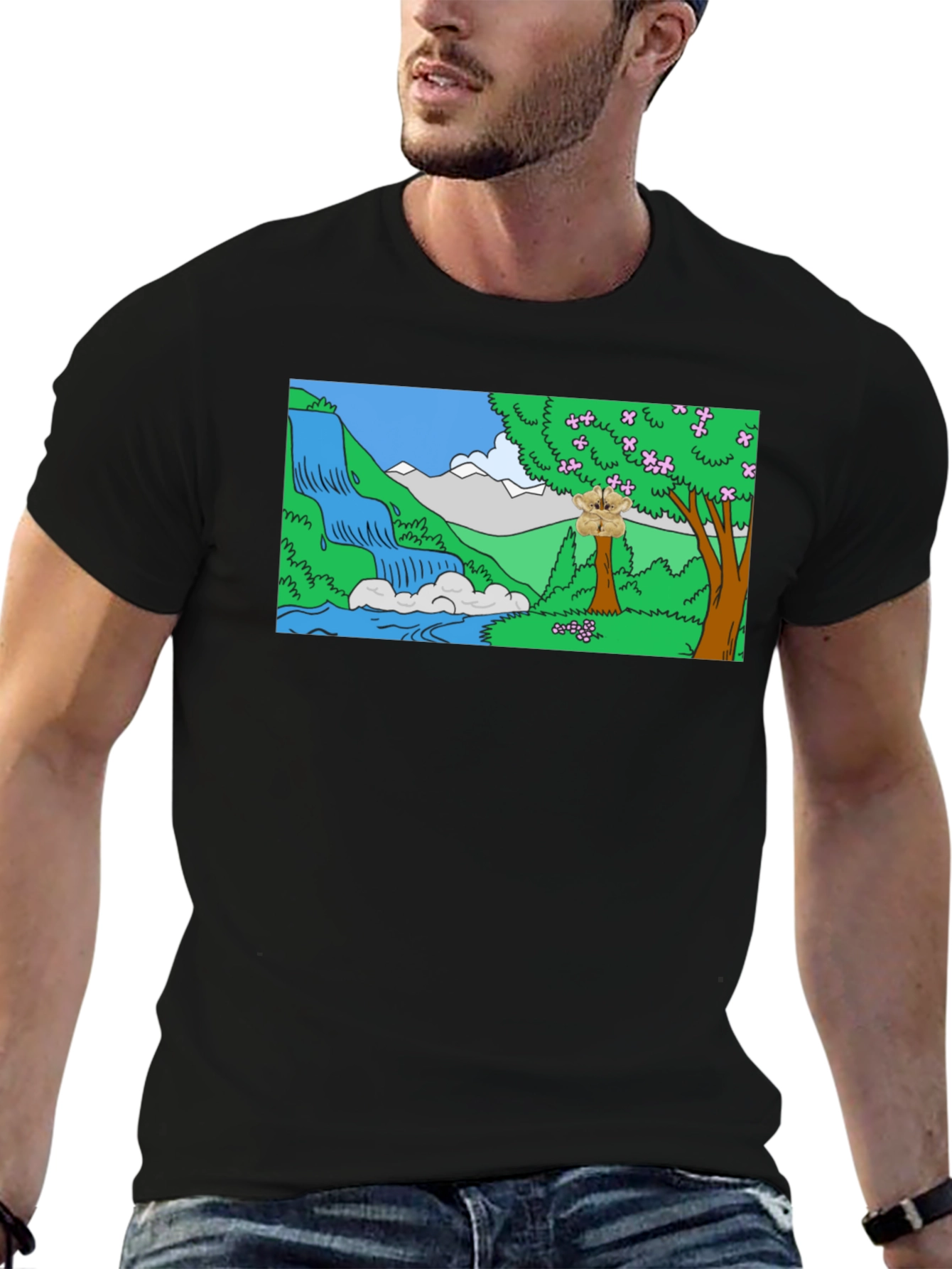 Cartoon Waterfall Scene Black T-Shirt