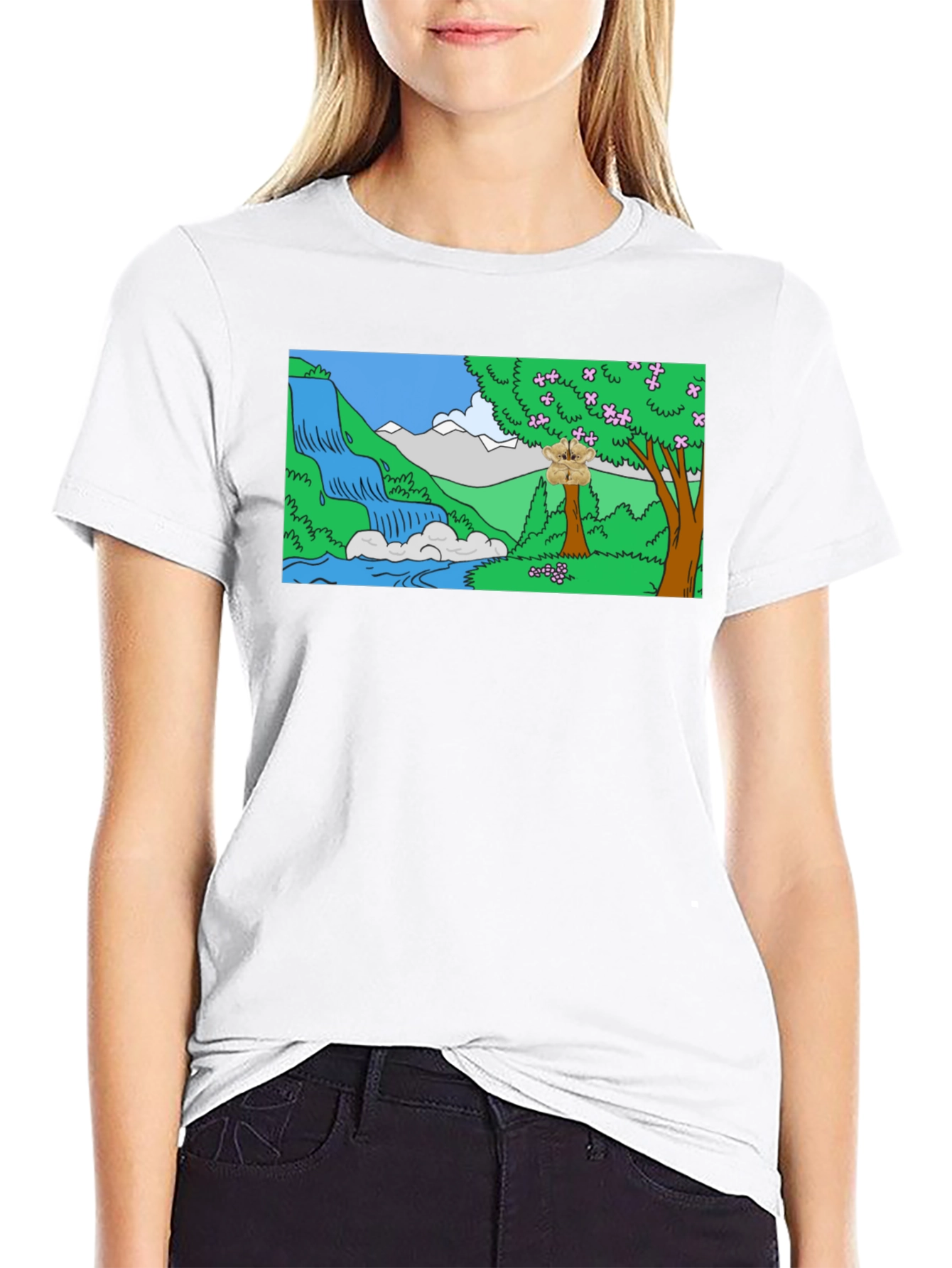 Cartoon Waterfall Scene Black T-Shirt