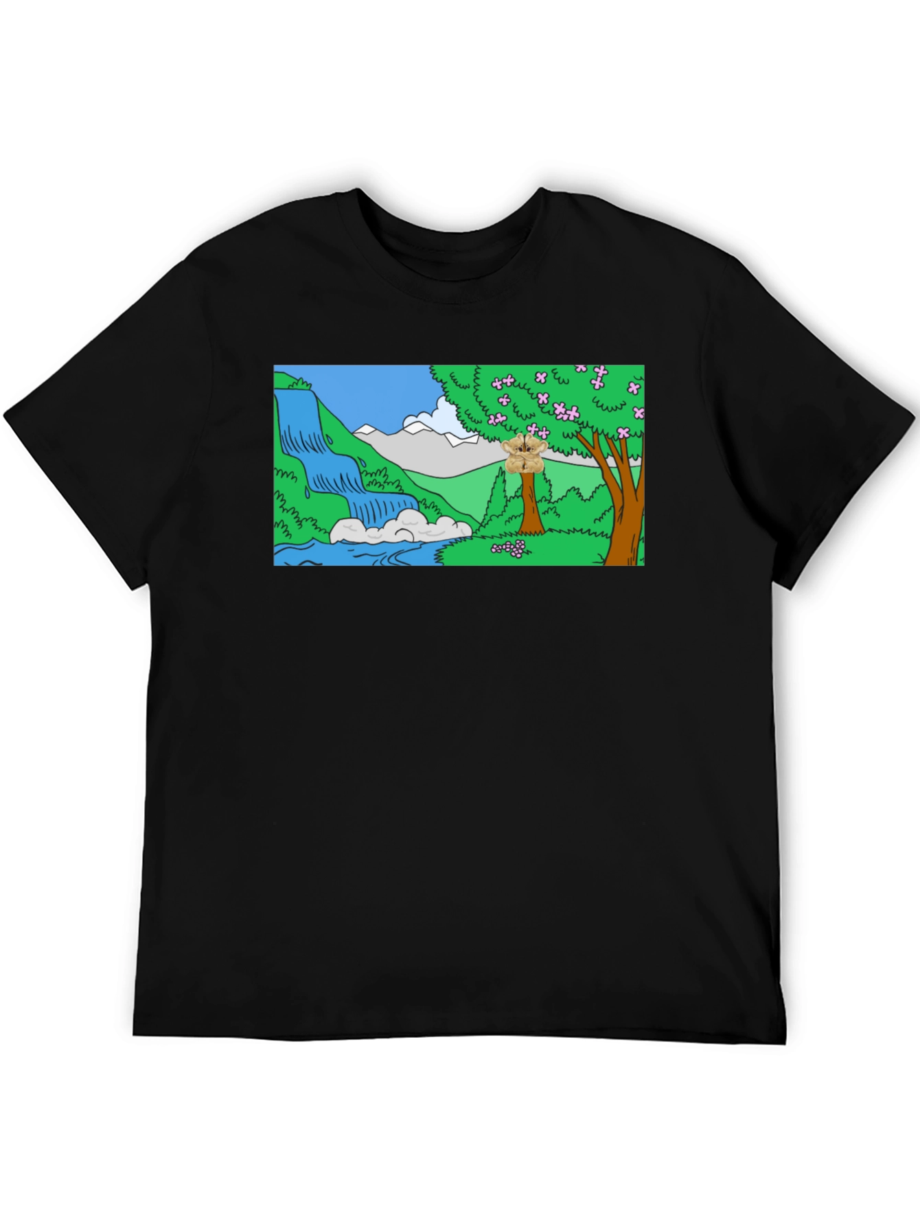 Cartoon Waterfall Scene Black T-Shirt