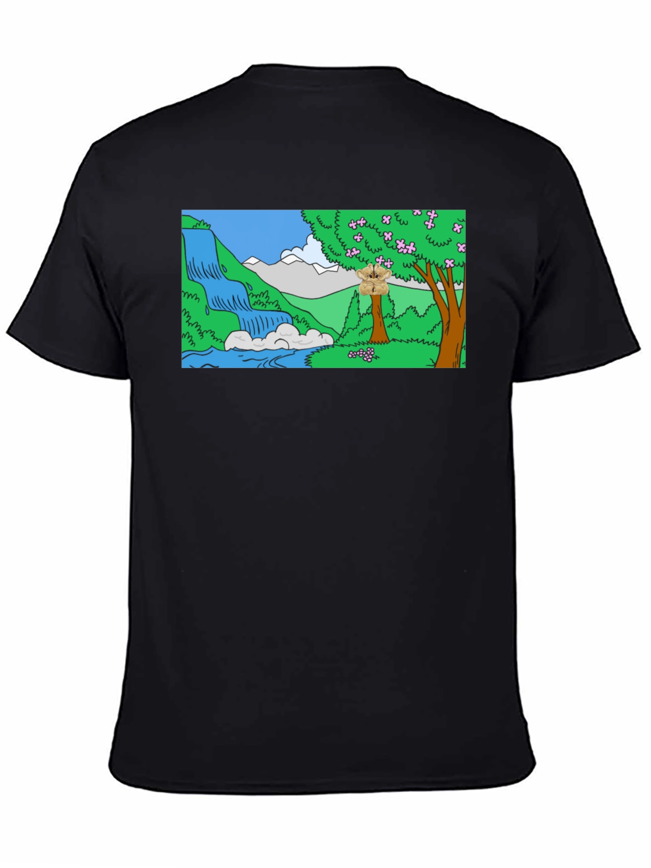 Cartoon Waterfall Scene Black T-Shirt
